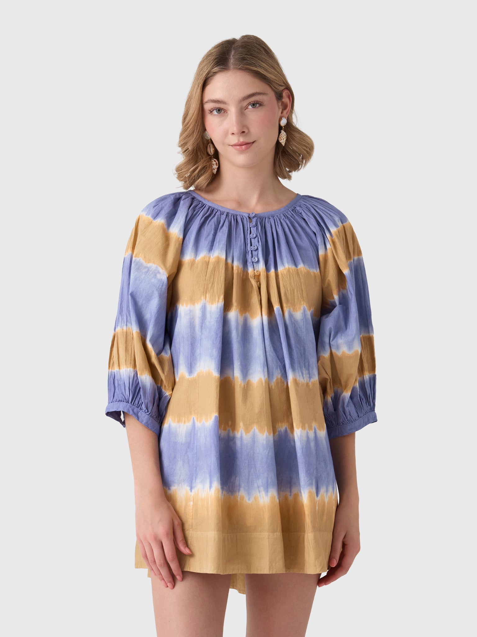 Shirred Half Placket Mini Dress | Cotton Poplin