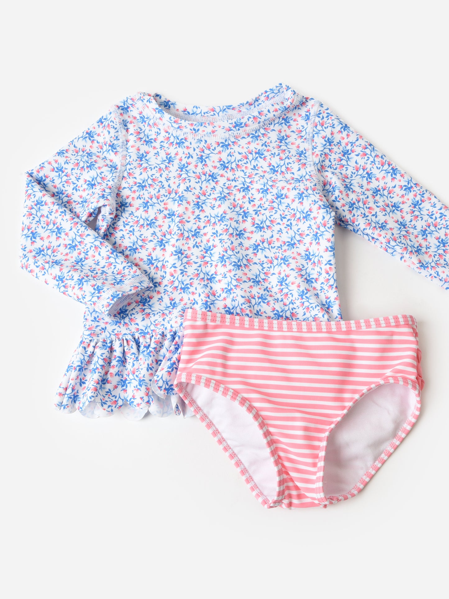 Rufflebutts Girls' Scalloped Long Sleeve Rash Guard Bikini Set - Saint Bernard