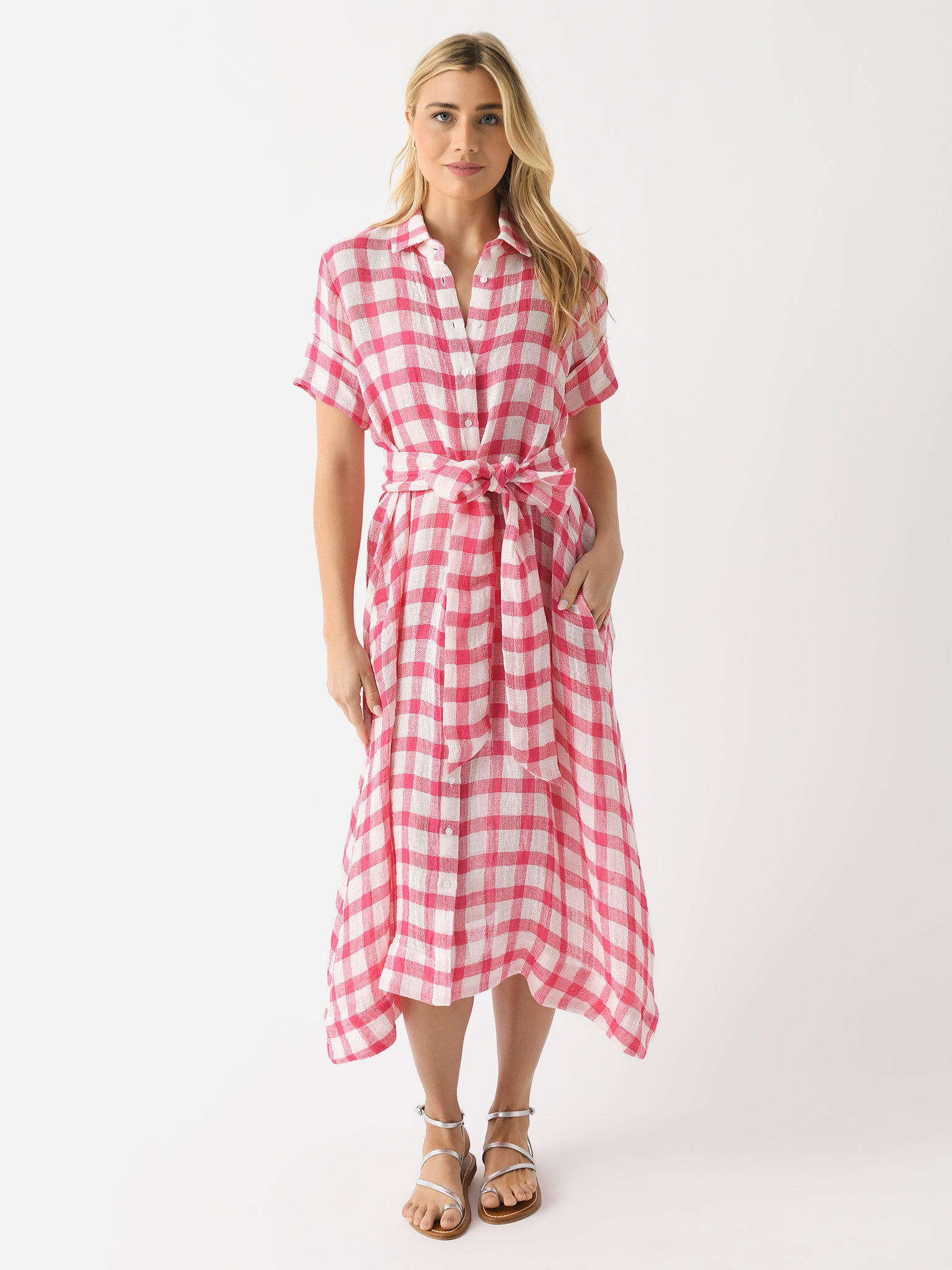 lisa marie fernandez shirt dress Lisa Marie Fernandez Belted Checked Linen-blend Gauze Midi Shirt Dress In Mint