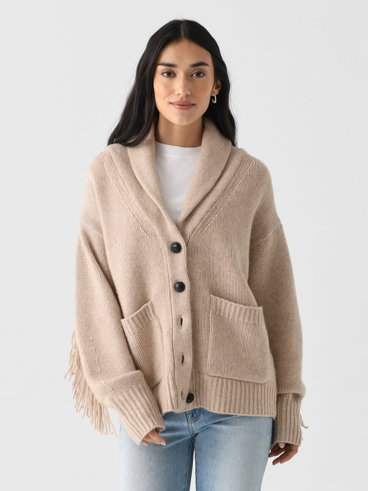 White + Warren Women's Cashmere Blend Luxe Fringe Cardigan - Saint Bernard