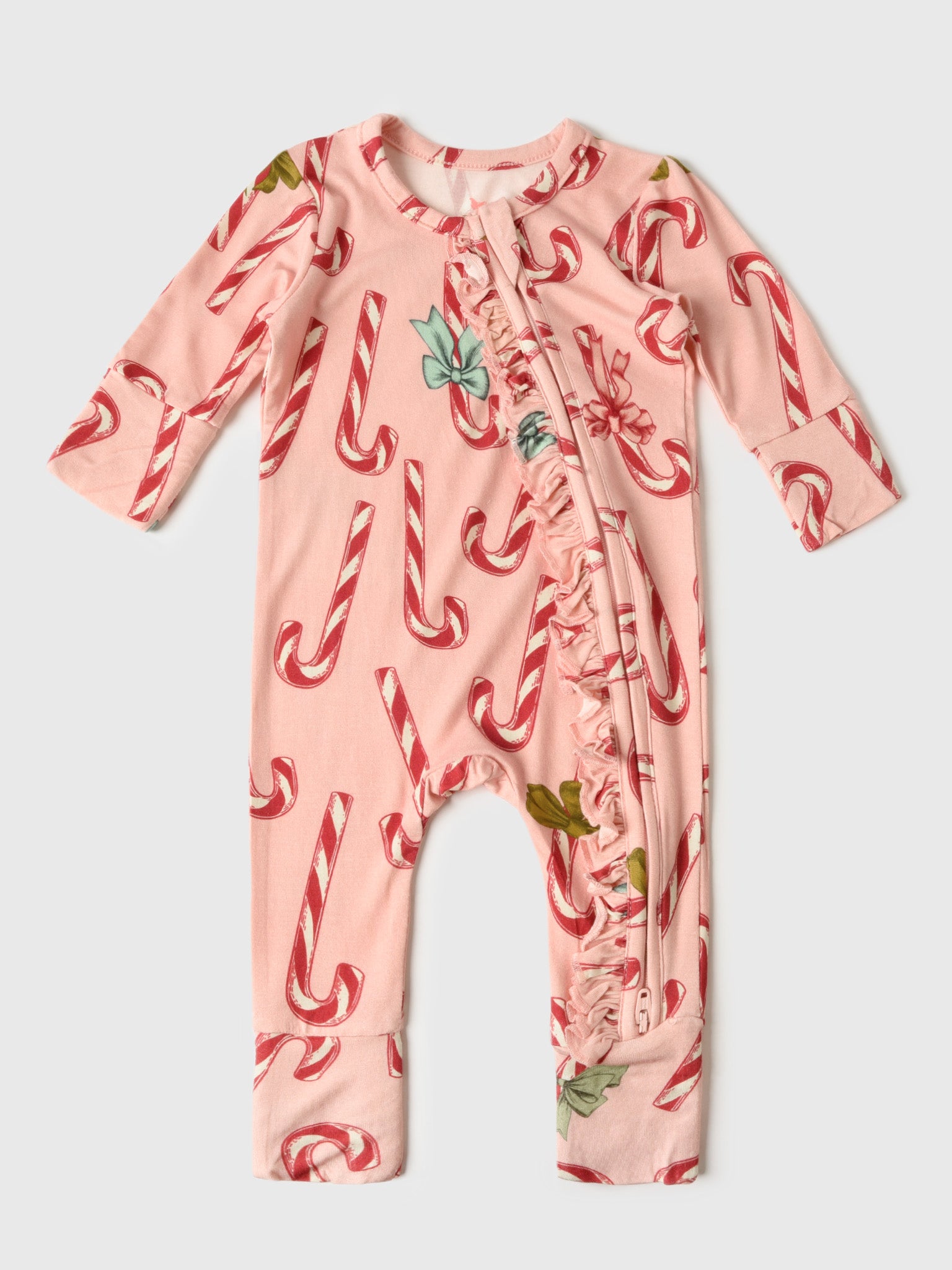 Pink Chicken Baby Ruffle Bamboo Romper - Candy Cane Bows main image 0