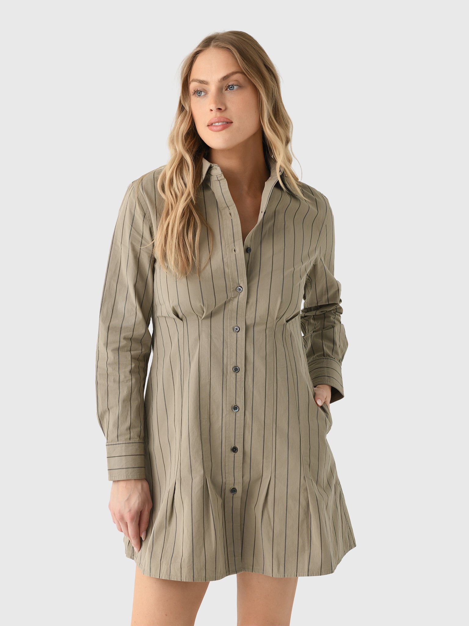 alex mill shirt dress Camille Striped Shirtdress In Cotton Poplin Khaki Stripe / M