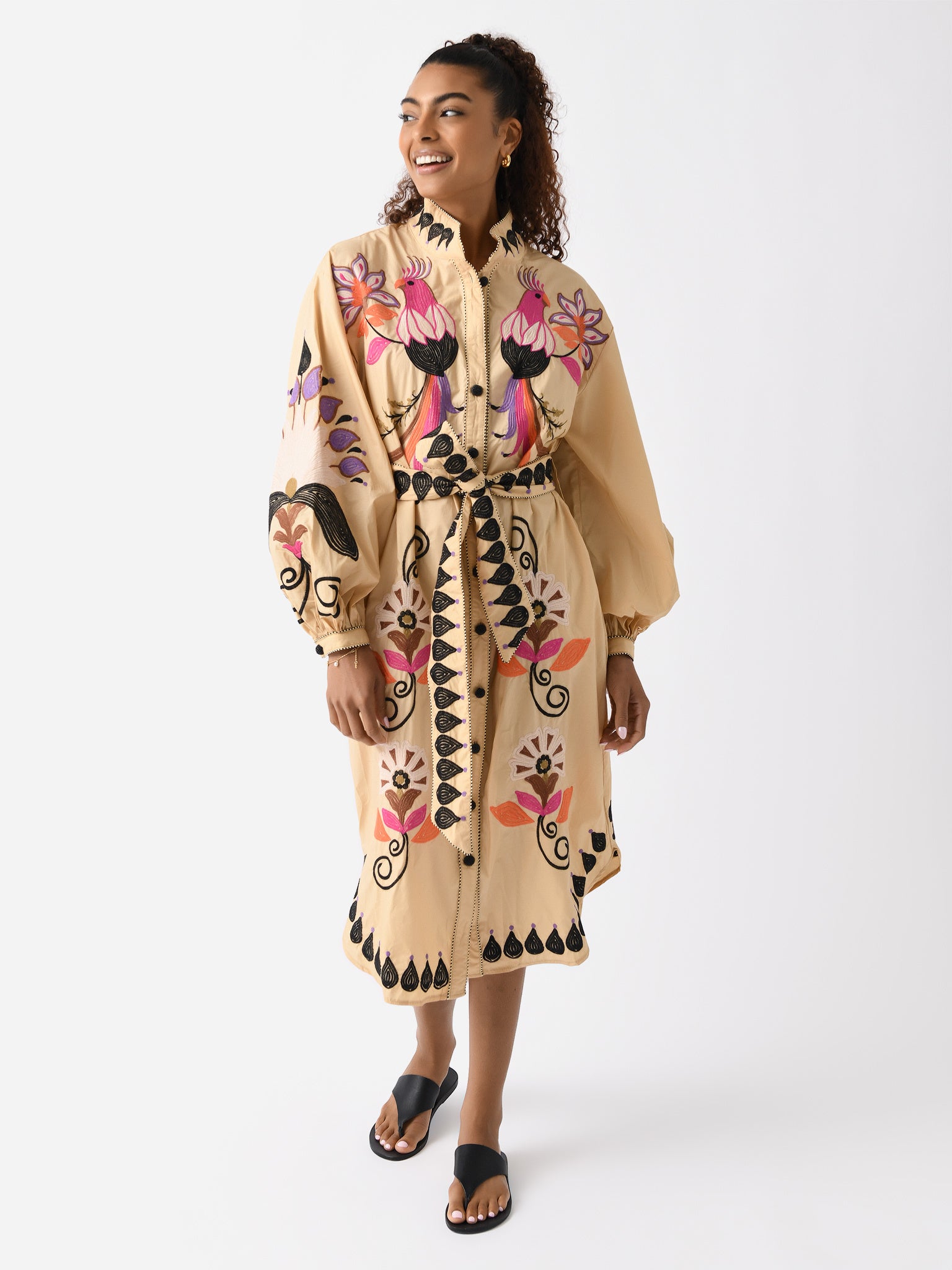 Farm Rio Women's Flower Bird Embroidered Midi Dress Saint Bernard Farm Rio Women's Flower Bird Embroidered Midi Dress Saint Bernard