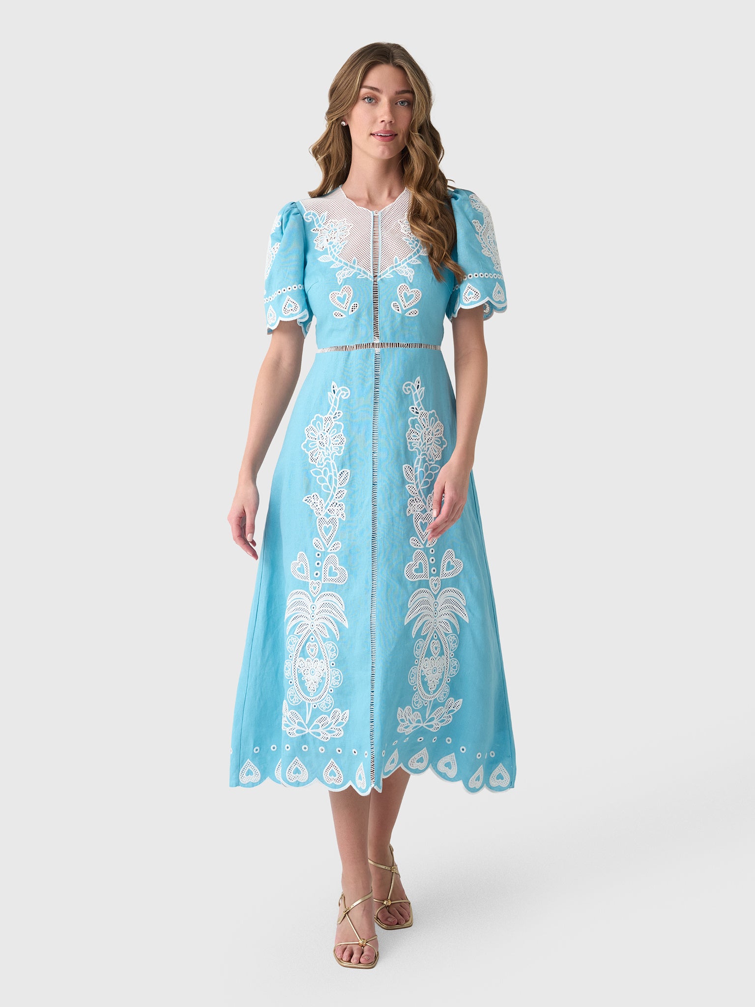 farm rio embroidered dress Light Blue Embroidery Short Sleeve Midi Light Blue / M while delicate embroidered details add refined texture Farm Rio, Embroidered open-back Linen