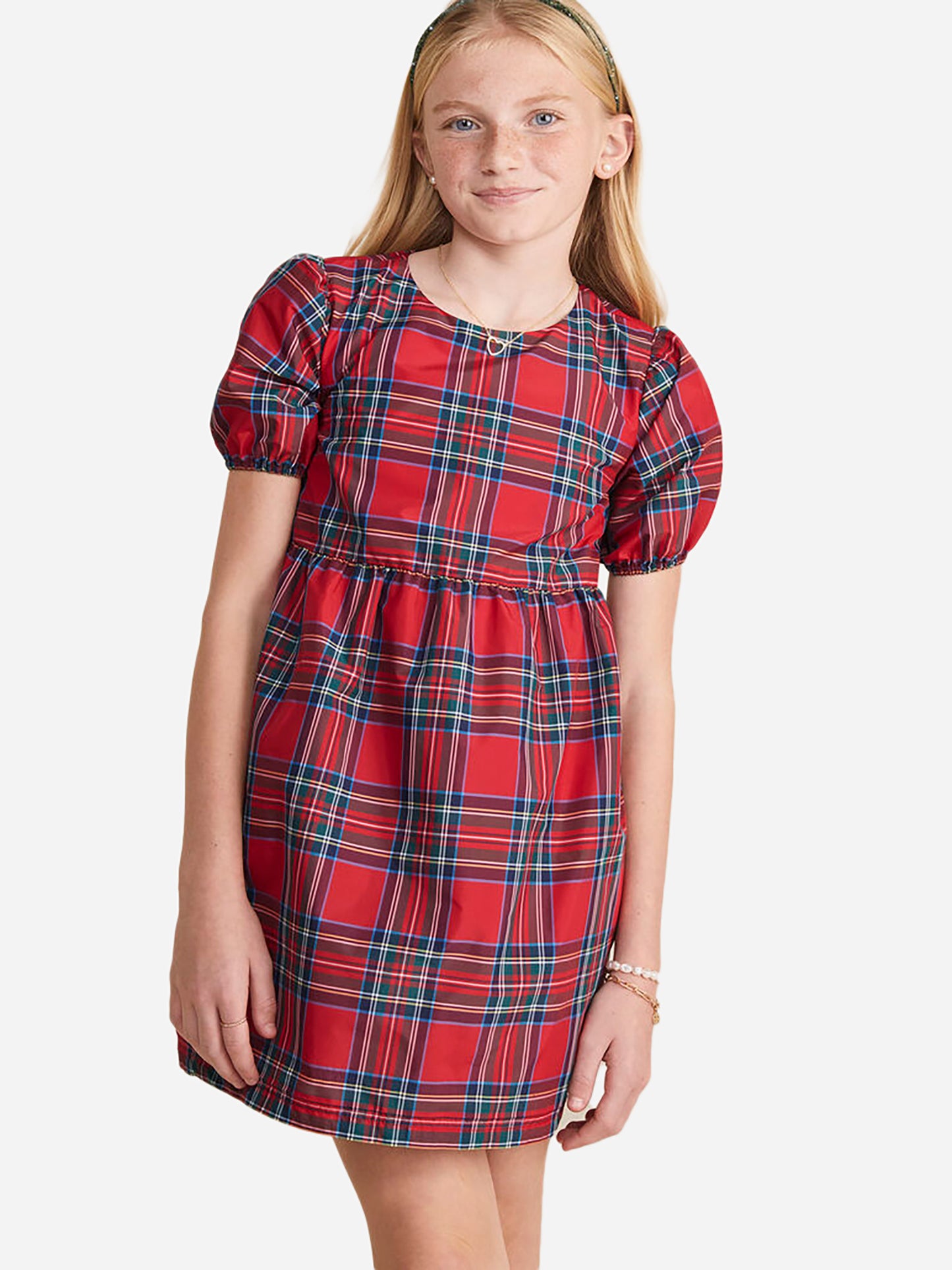 Vineyard Vines Girls' Taffeta Puff Sleeve Tartan Dress - Saint Bernard