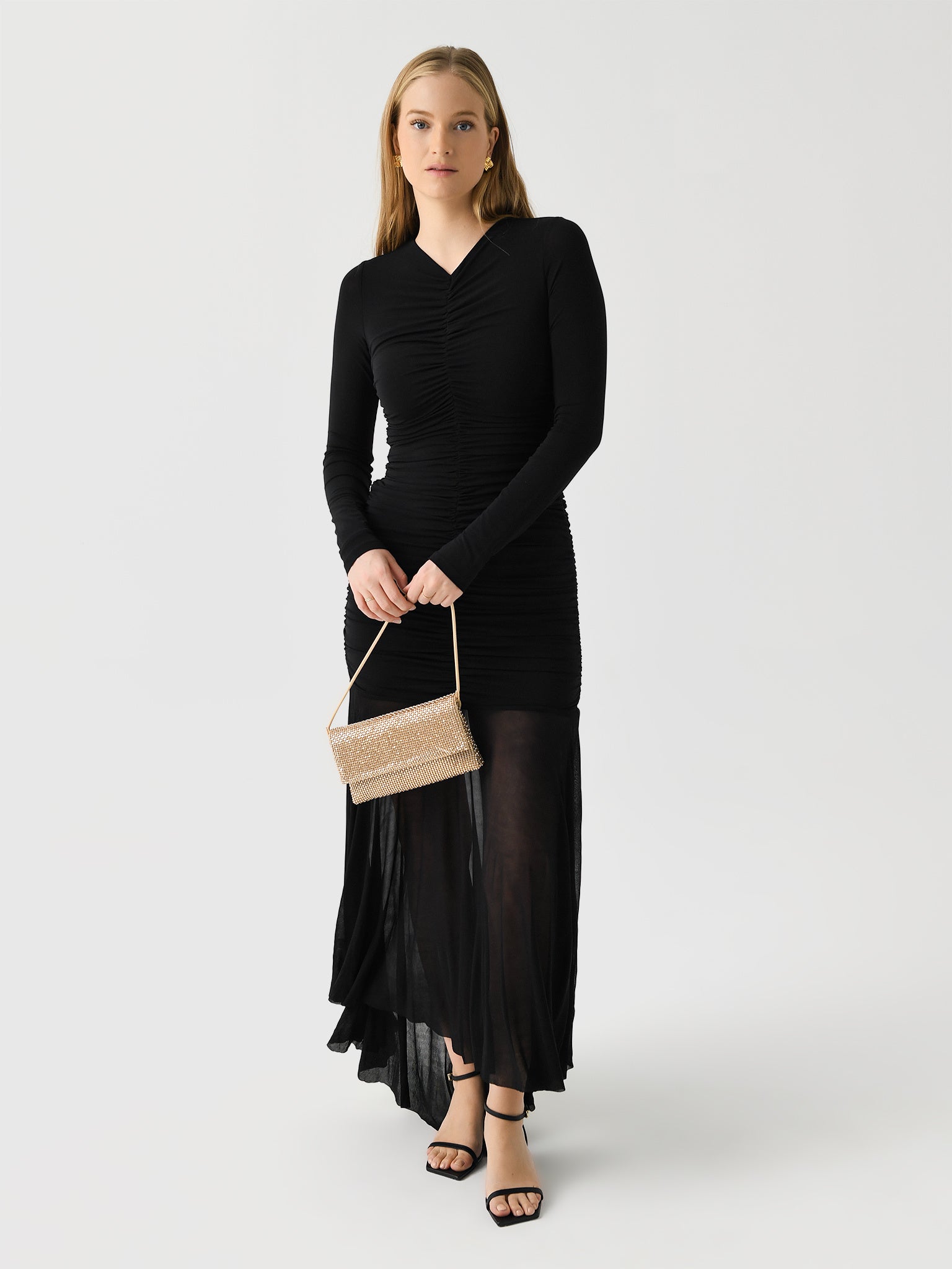 knee length dresses for ladies Kelley Ruched Mesh Maxi Dress (Caramel) main image 1