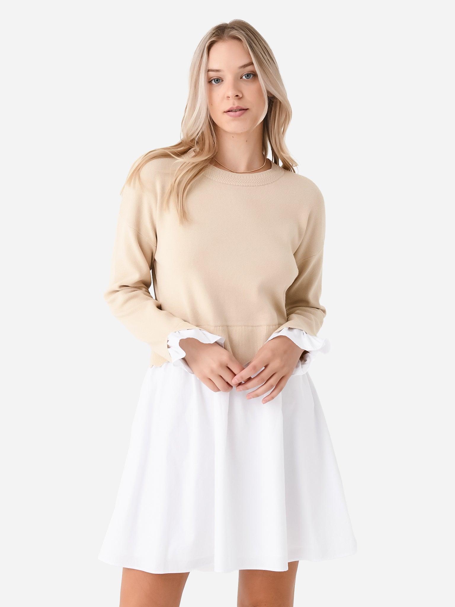 English Factory Women's Scalloped Knit Poplin Combo Dress English Factory Women's Scalloped Knit Poplin Combo Dress
