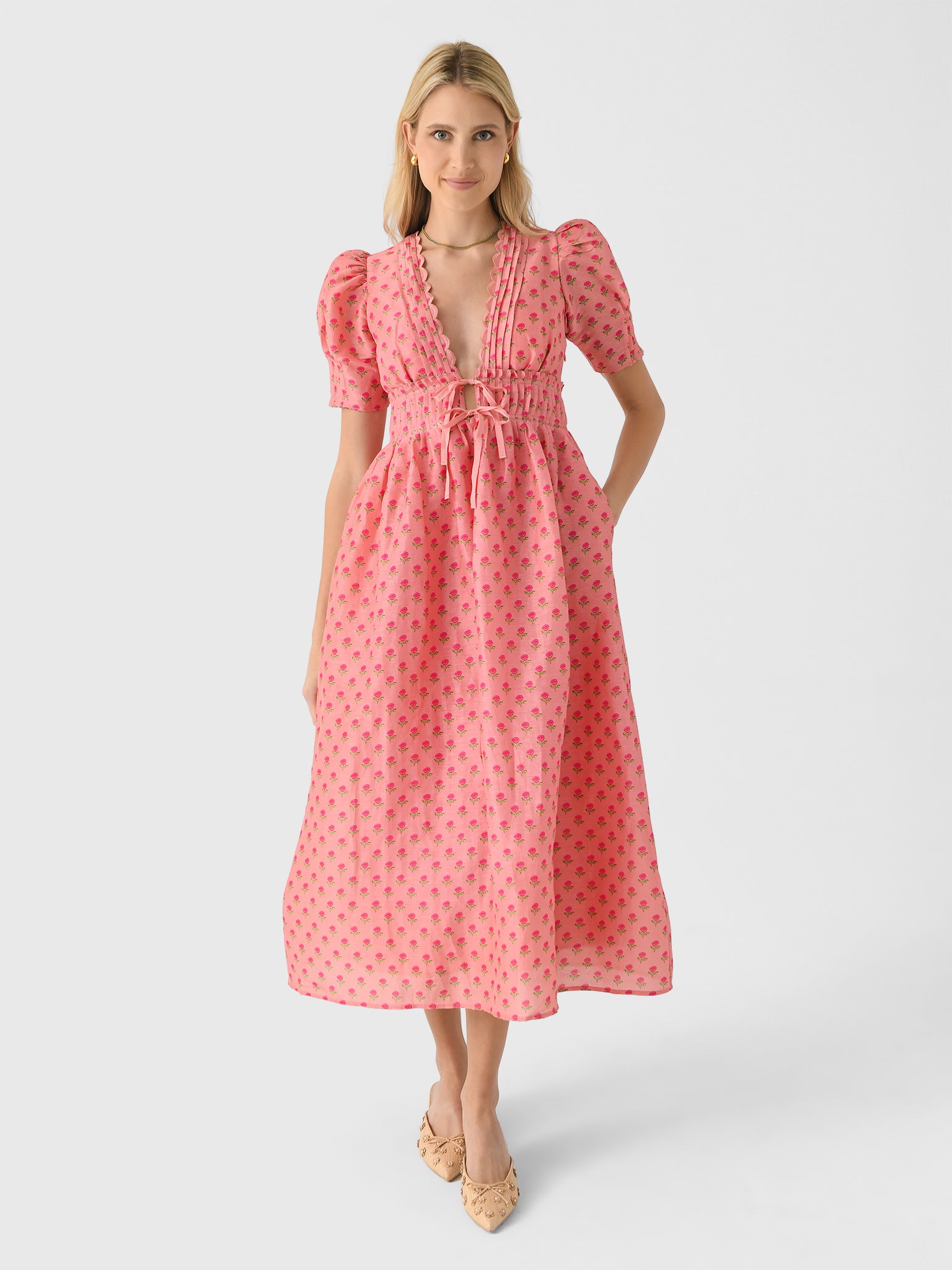 lovaan boehm short sleeve v neck linen silk midi dress Lovaan Boehm Short-Sleeve V-Neck Linen-Silk Midi Dress In Tiny Rose Print - 69% Off