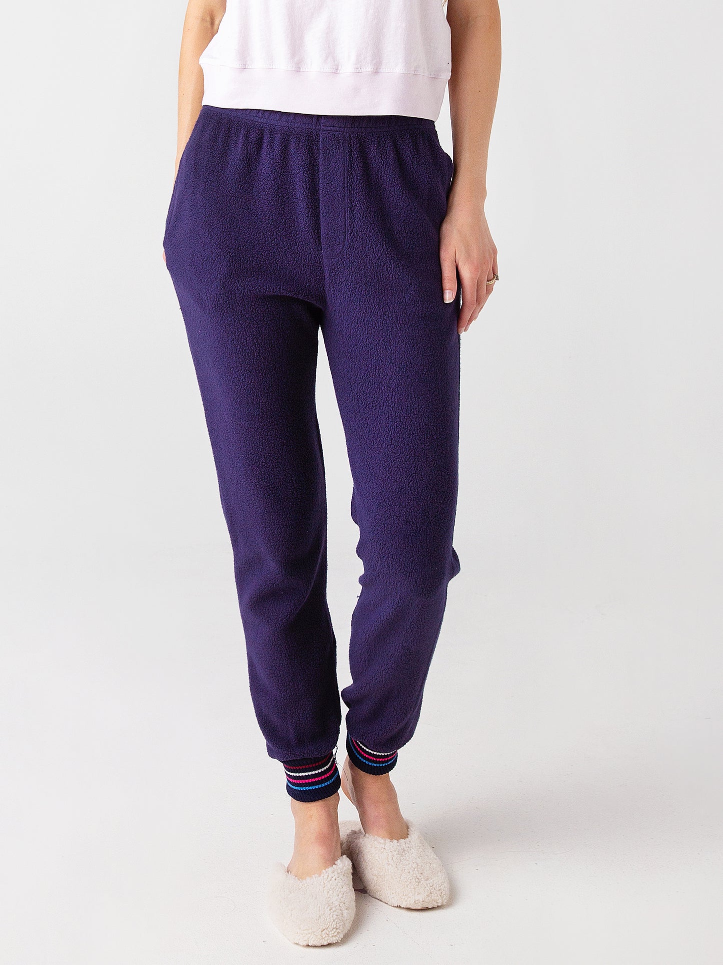 Sundry Women's Stripe Cuff Faux Sherpa Jogger - Saint Bernard