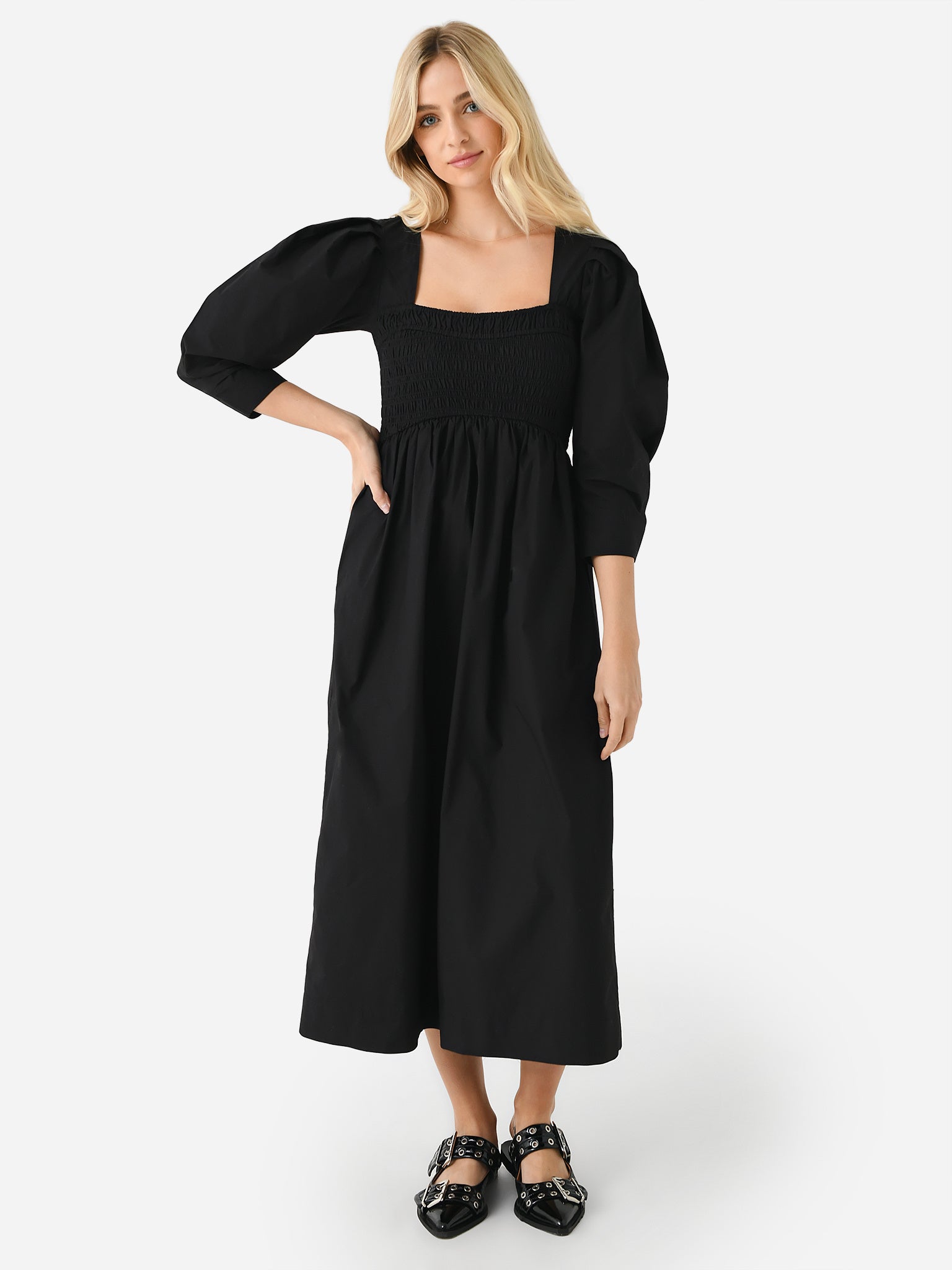 GANNI Women's Cotton Poplin Open-Neck Smock Long Dress Saint Bernard GANNI Women's Cotton Poplin Open-Neck Smock Long Dress Saint Bernard