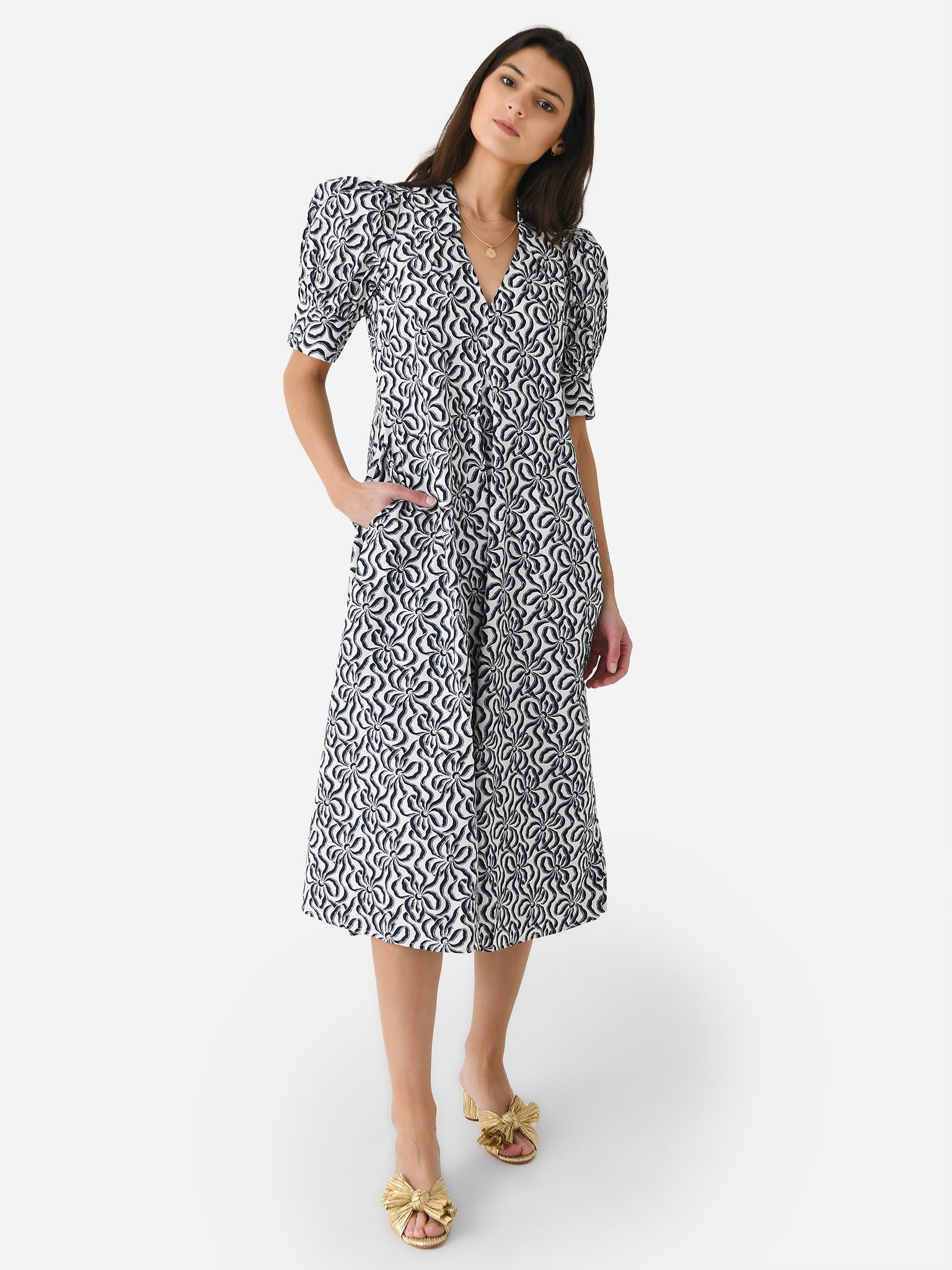 GANNI Women's Printed Cotton V-Neck Long Dress Saint Bernard GANNI Women's Printed Cotton V-Neck Long Dress Saint Bernard