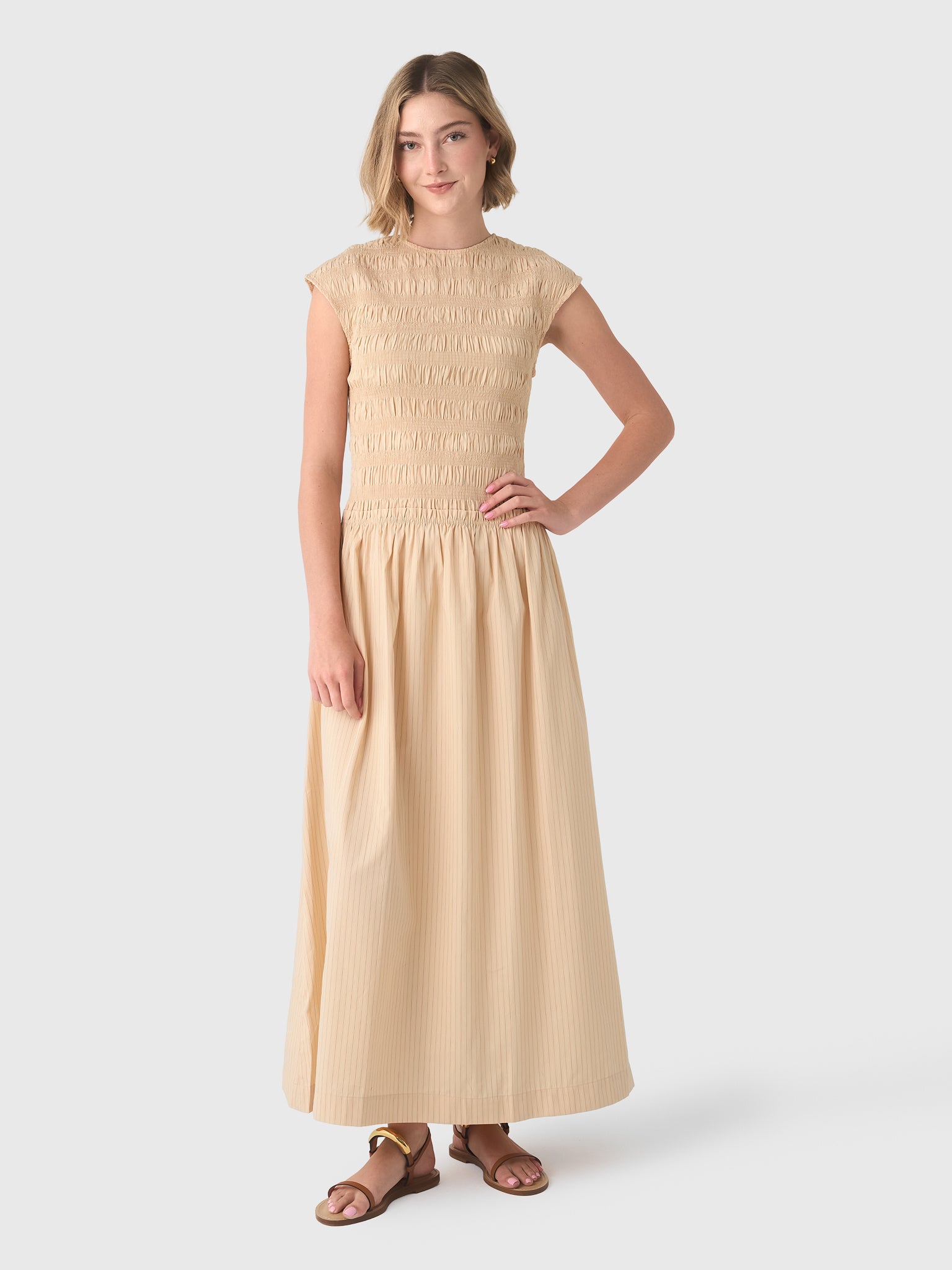 faithfull the brand maxi dress Women's Ale Dress, Mico Pinstripe Sand, Cotton | Size: US8/AU12/L crafted from breathable MOON DANCE V MAXI cape cod Color:Black+Wine Red