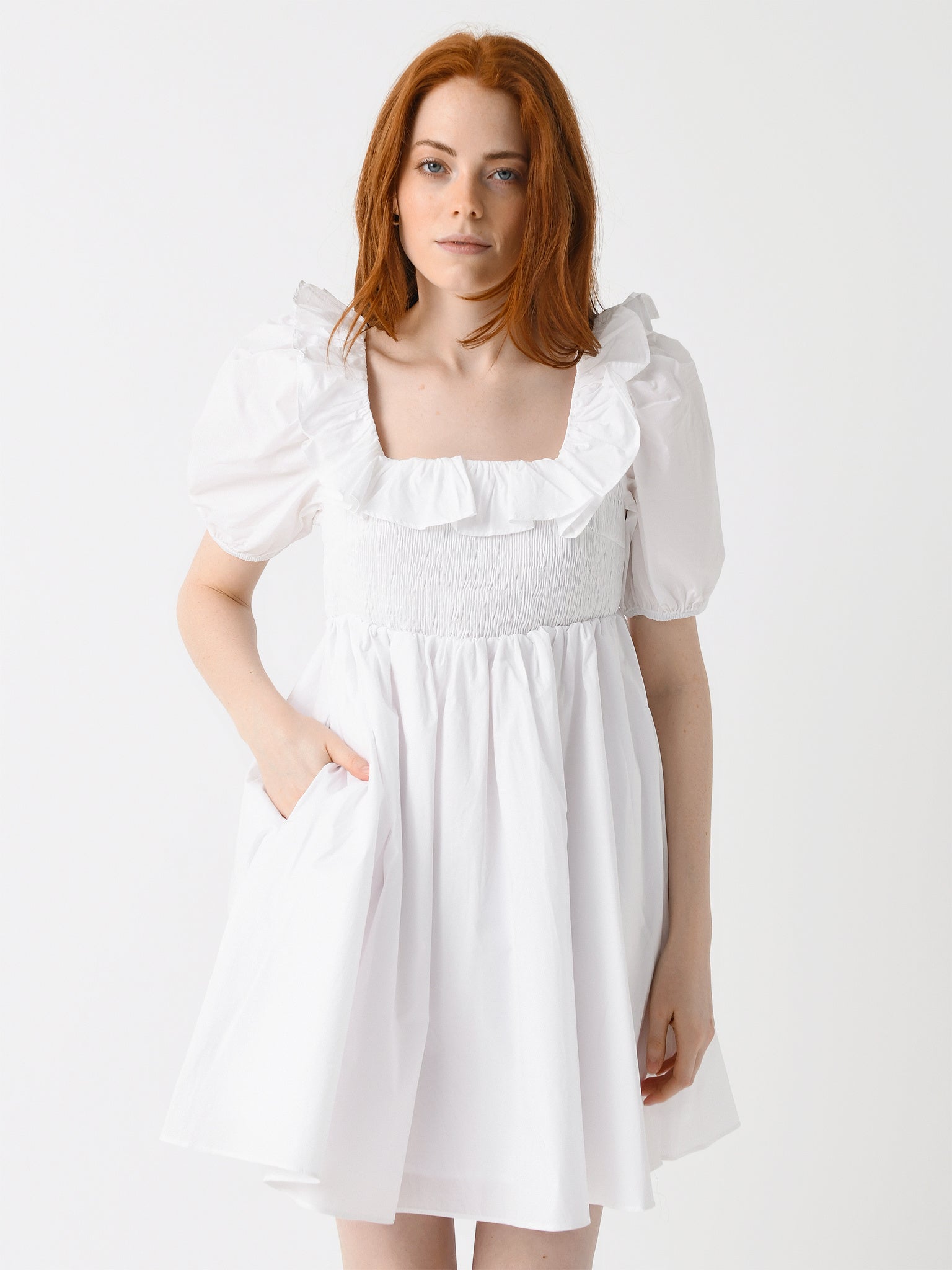 English Factory - Smocked Puff Sleeve Dress White / M English Factory - Smocked Puff Sleeve Dress White / M