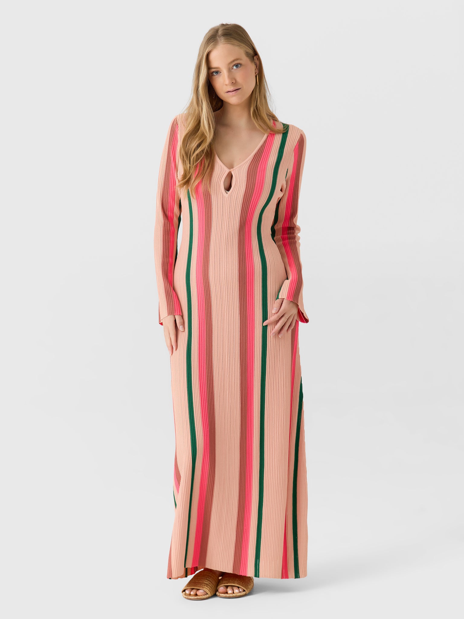 Peach, green and pink striped knit maxi dress with keyhole detail
