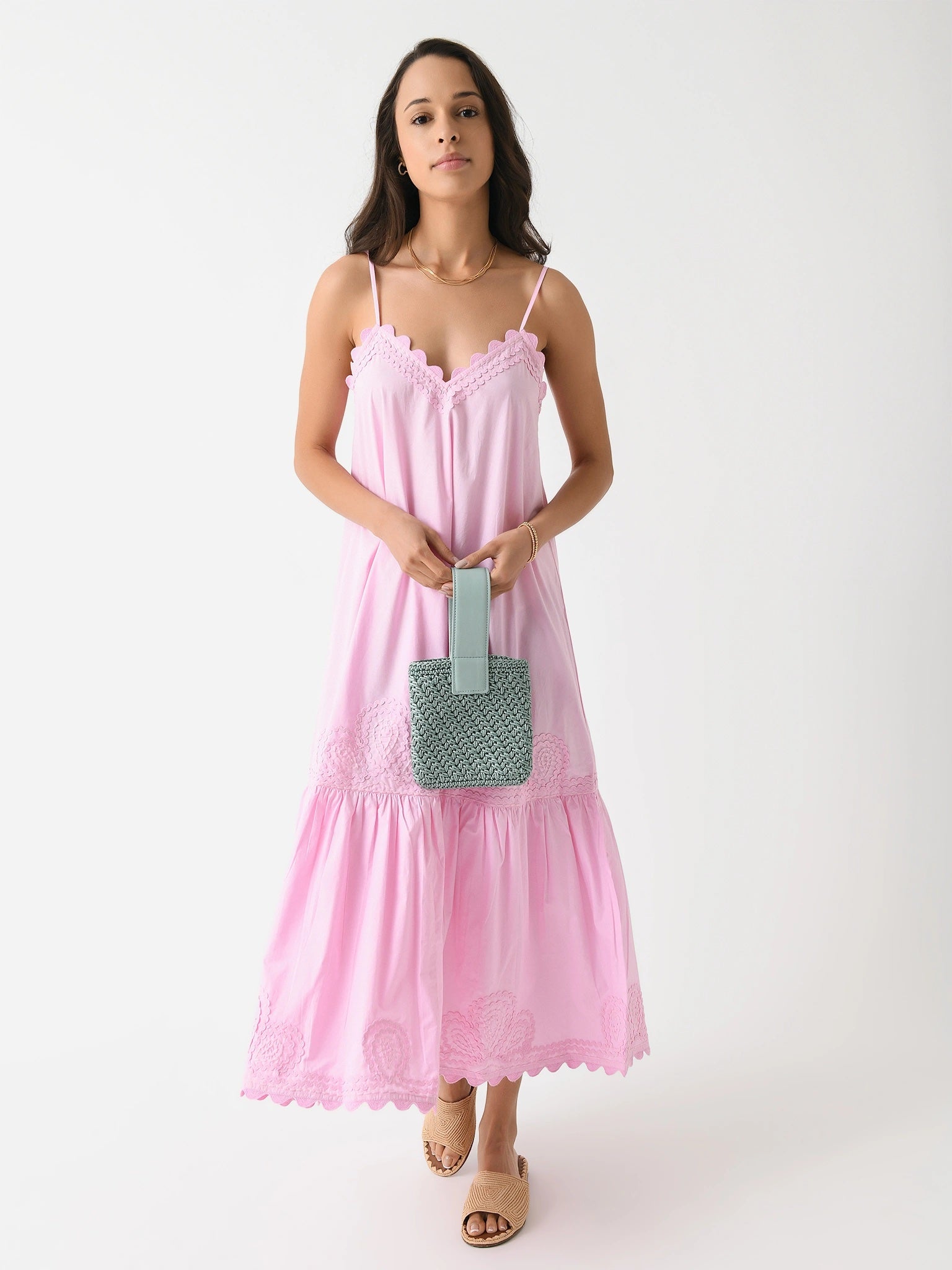 Juliet Dunn Women's Poplin V-Neck Ric Rac Embroidered Midi Dress