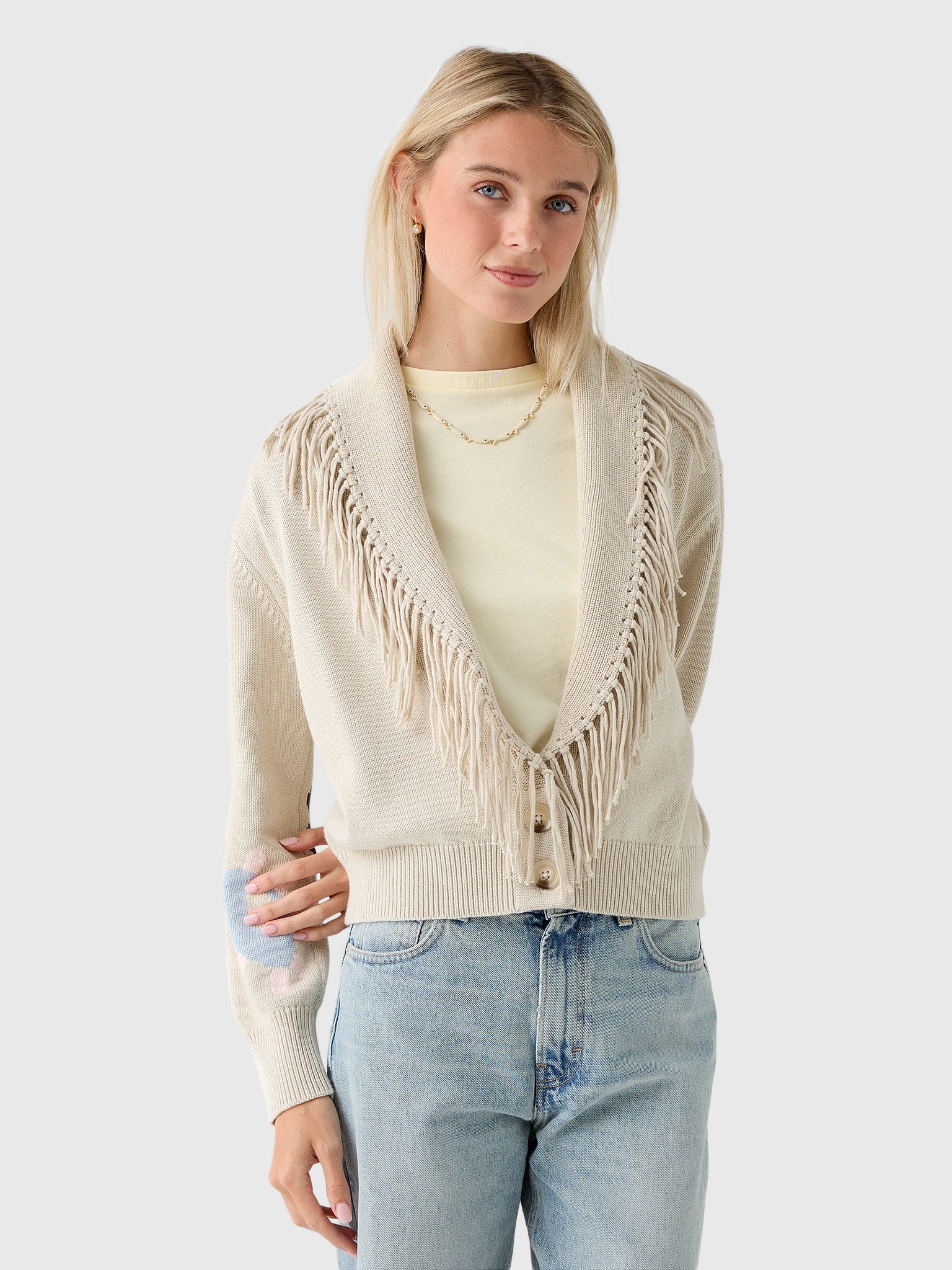 クレイトンシャガール Kerri Rosenthal Women's Fringe Shawl Collar Cardigan – Saint Bernard