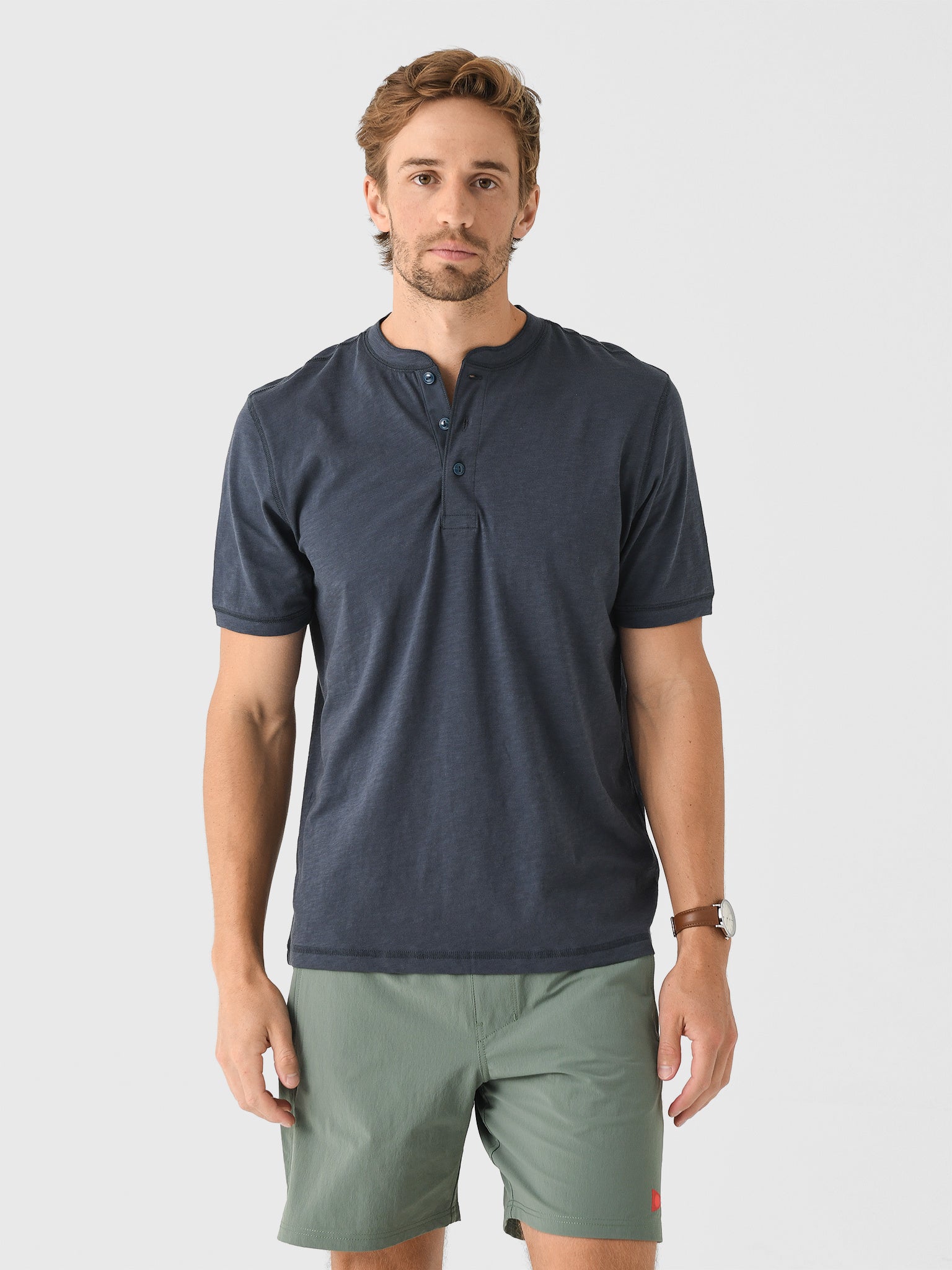 SHORT SLEEVE SUNWASHED HENLEY - CREAM FLINT STRIPE