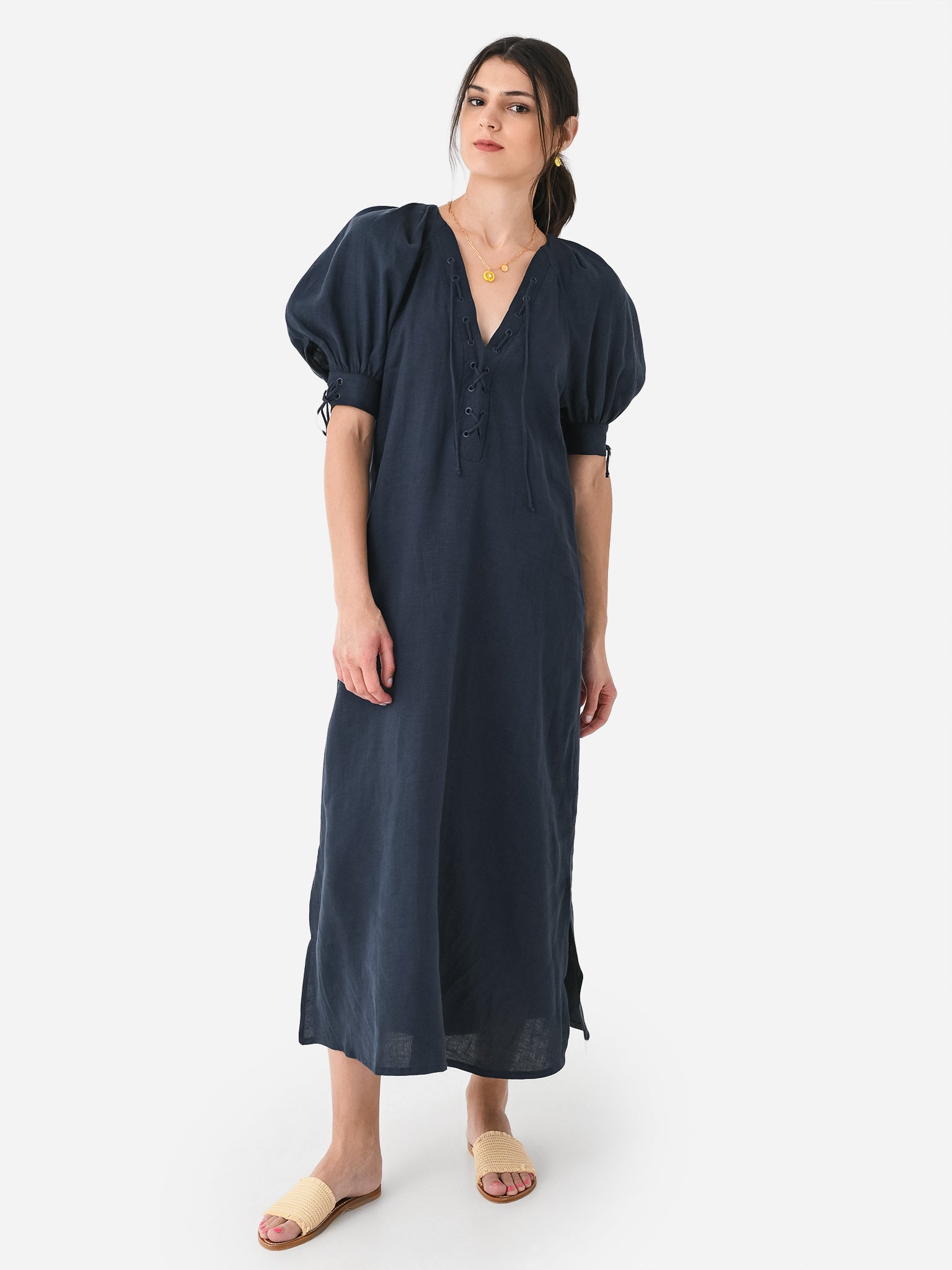 chinese dress ladies Atlanta Linen Dress with Rose Detail in Black Vichy – Sleeper main image 1