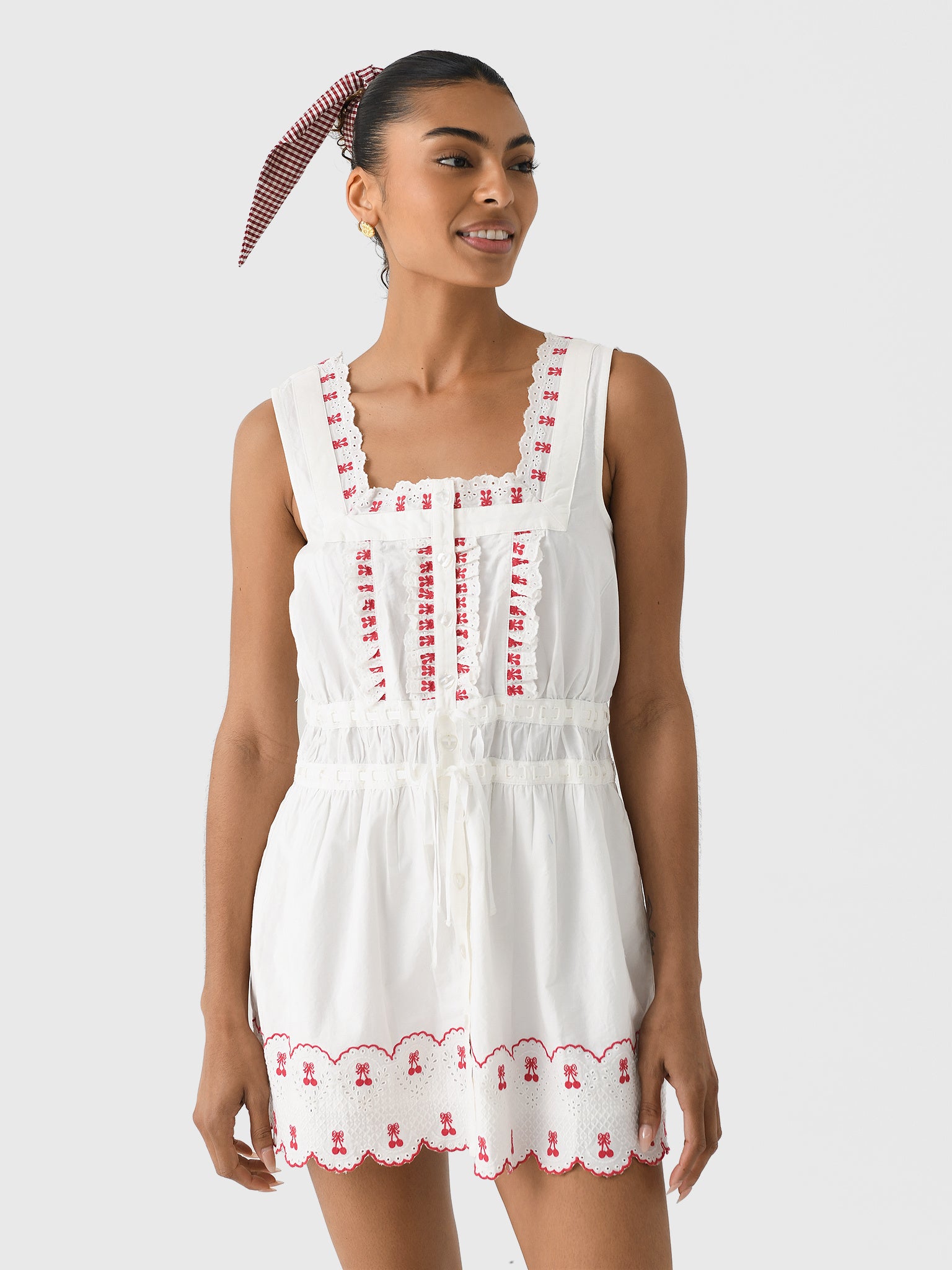 damson madder embroidered dress Damson Madder Embroidered Apron Midi Dress - White