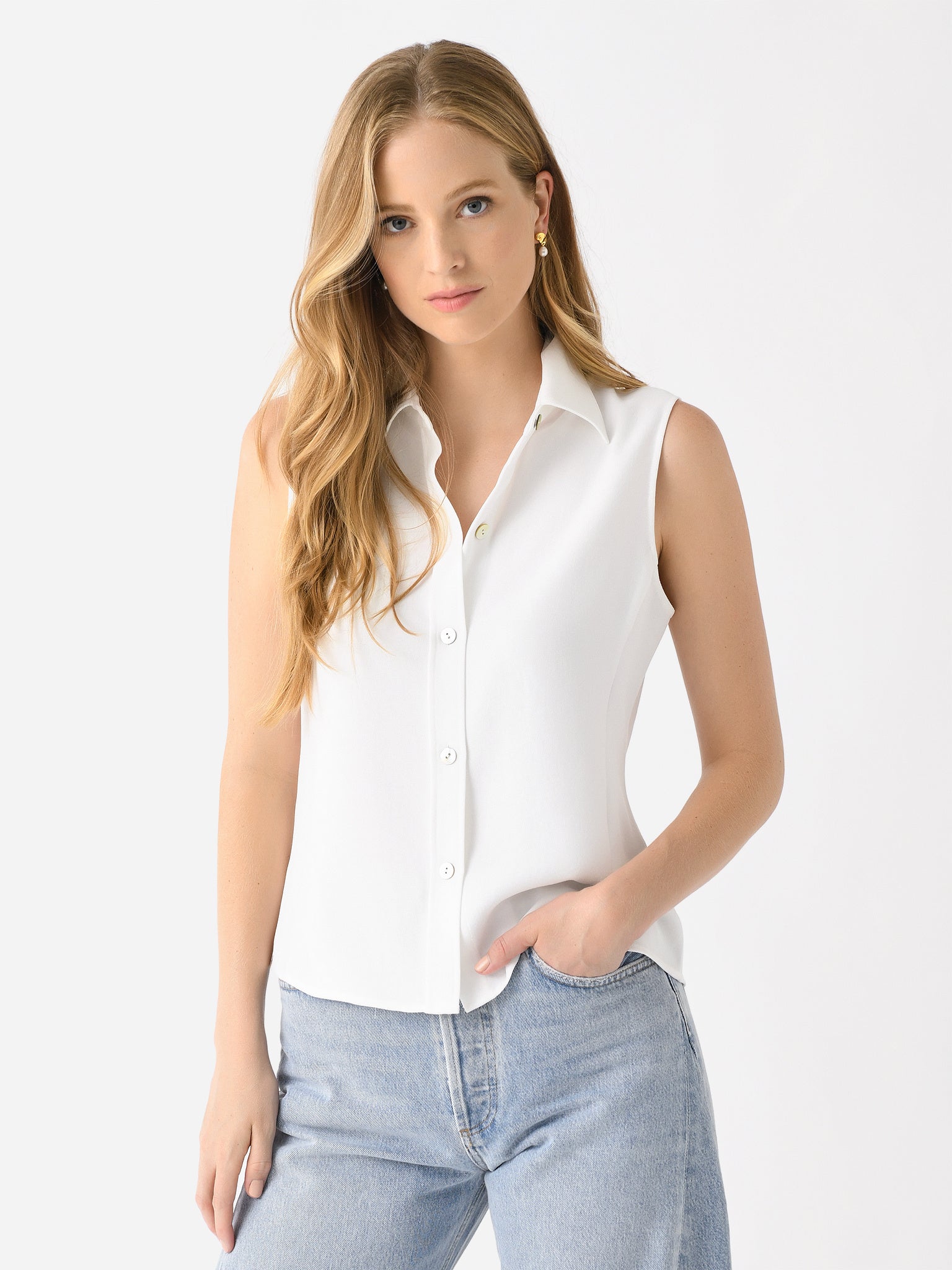 Women's Sleeveless Button-Front Shirt, Off White, Size XL | Vince Women's Sleeveless Button-Front Shirt, Off White, Size XL | Vince
