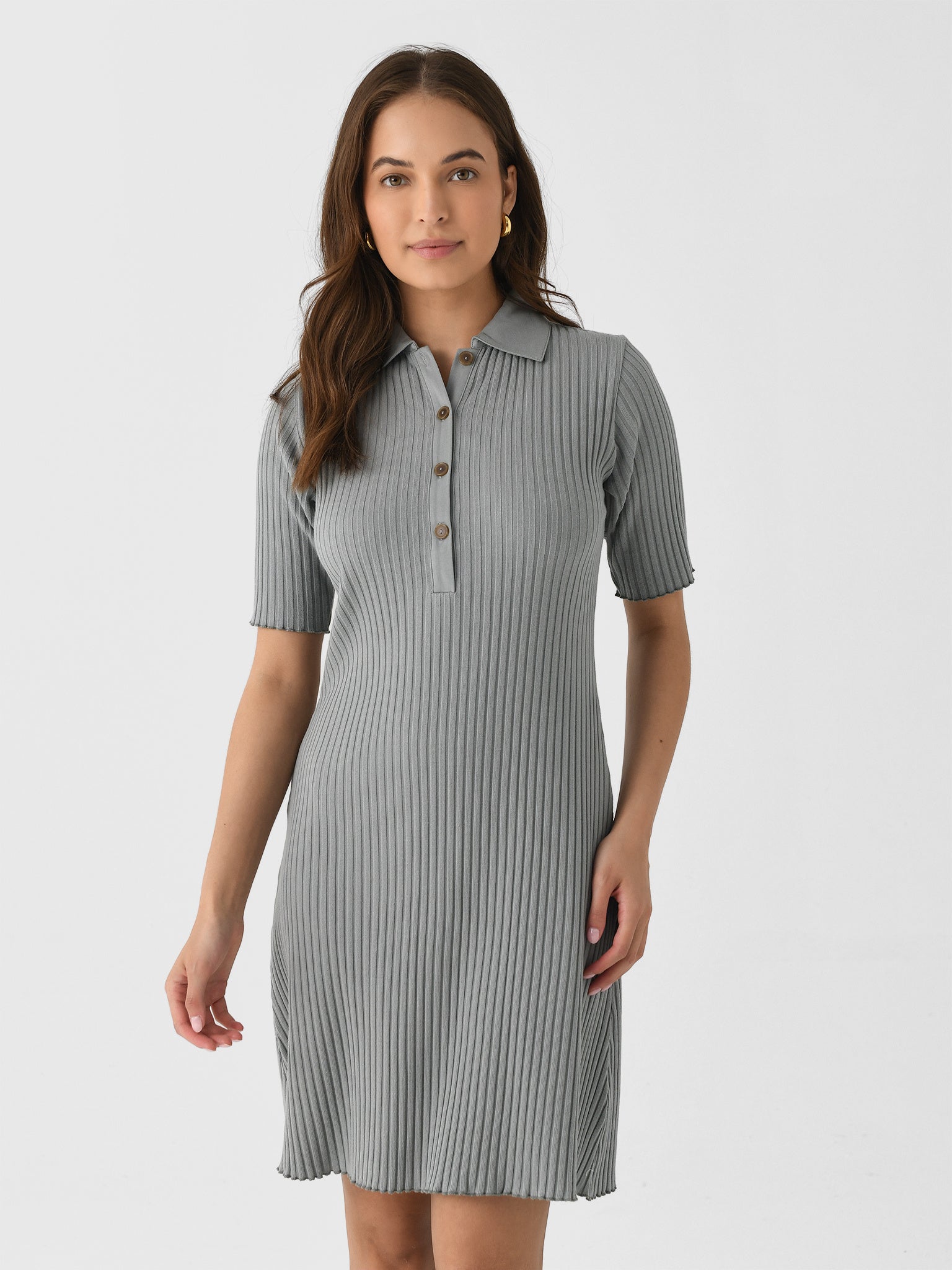 Vince Women's Elbow Sleeve Polo Dress - Green - Size M - Sea Stone Vince Women's Elbow Sleeve Polo Dress - Green - Size M - Sea Stone