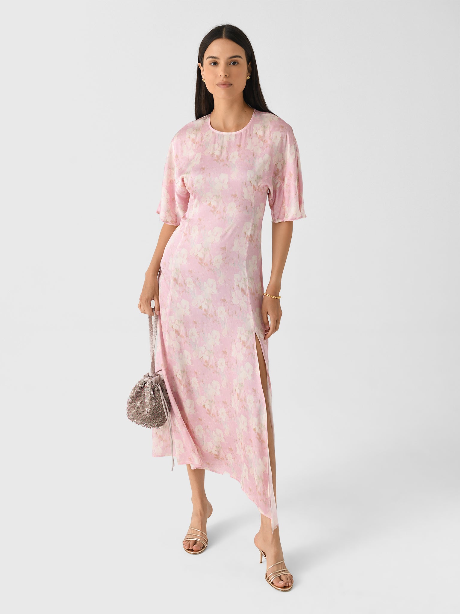 GANNI Primrose Pink Floral Stretch Satin Slit Dress - Size 2 Elastane GANNI Primrose Pink Floral Stretch Satin Slit Dress - Size 2 Elastane