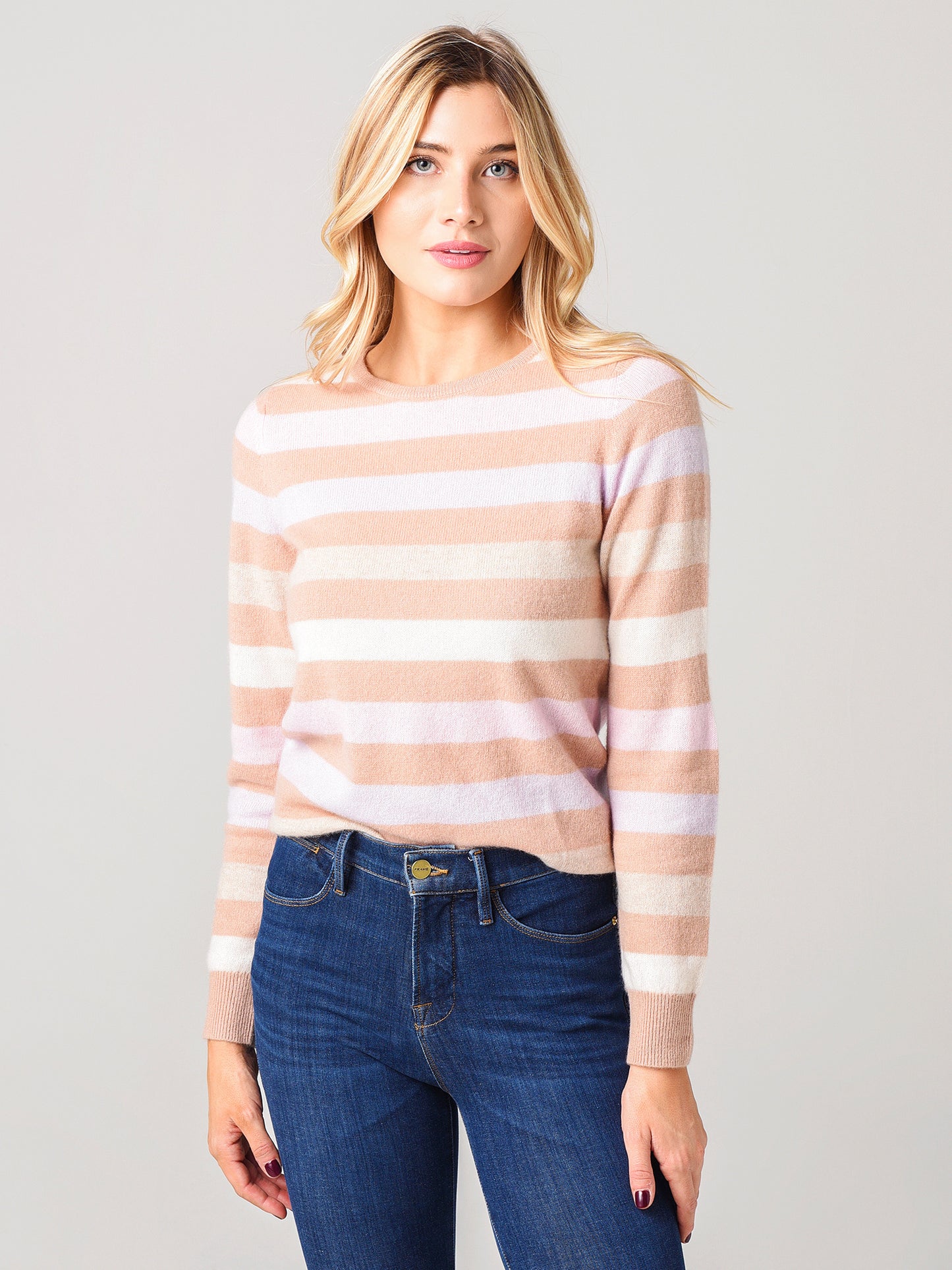 White + Warren Women's Cashmere Multi-Stripe Crew Neck Sweater - Saint Bernard