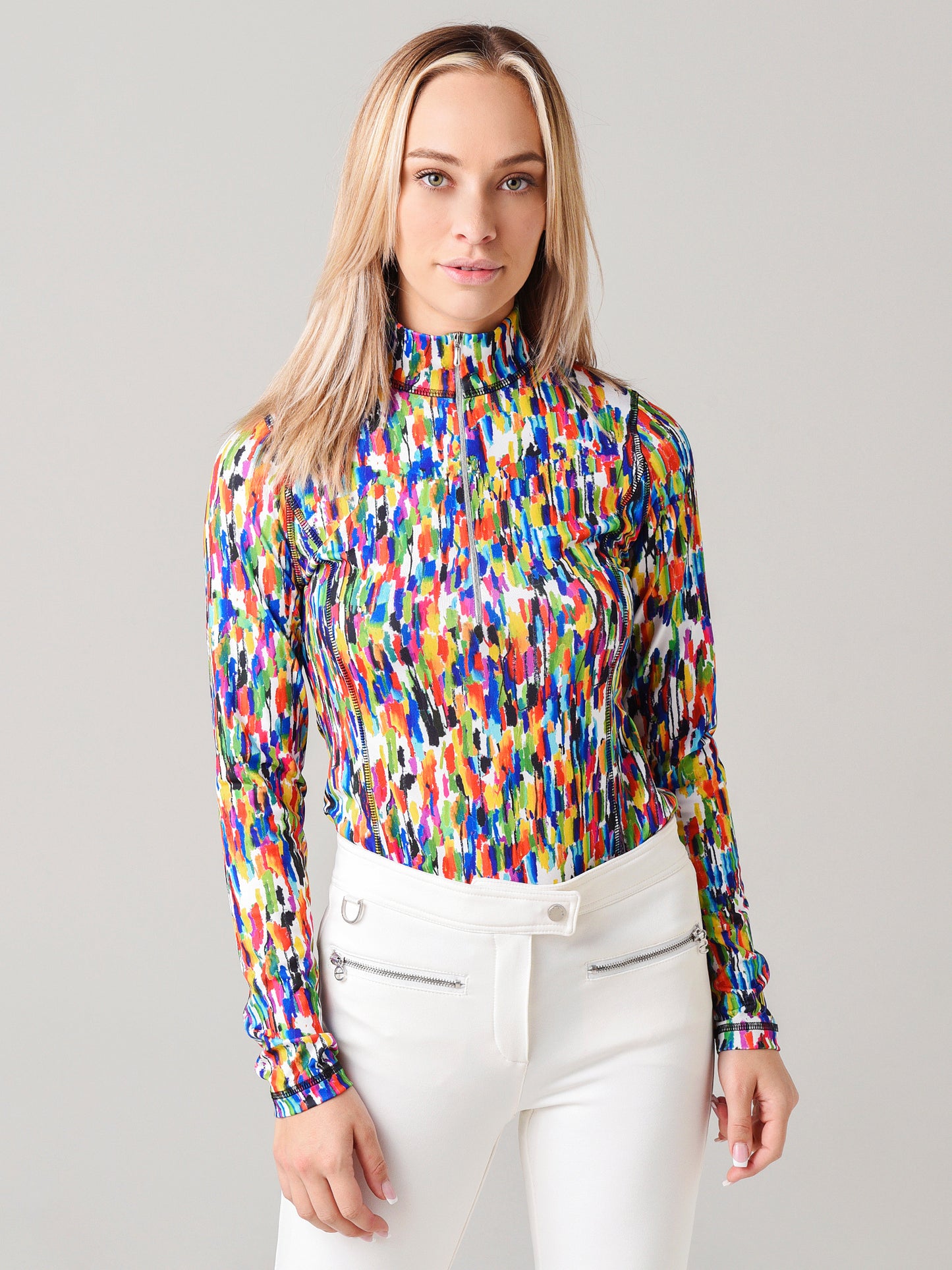 Sno Skins women's Micro Print Zip Neck Base Layer Top - Saint Bernard