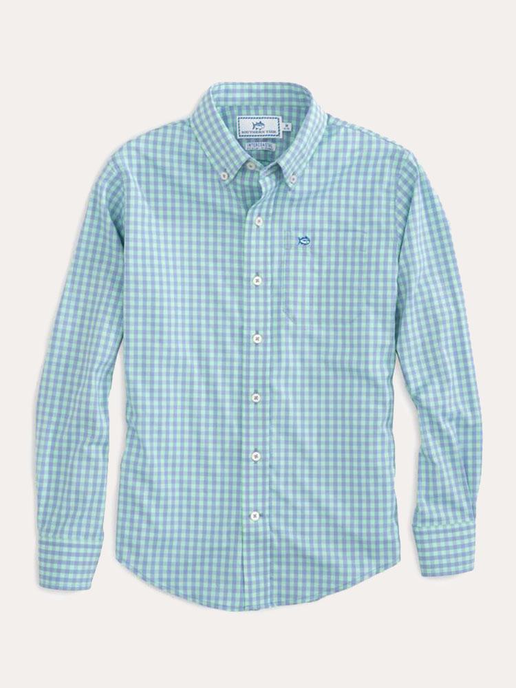 Southern Tide Boys' Dunecrest Gingham Intercoastal Performance Shirt - Saint Bernard