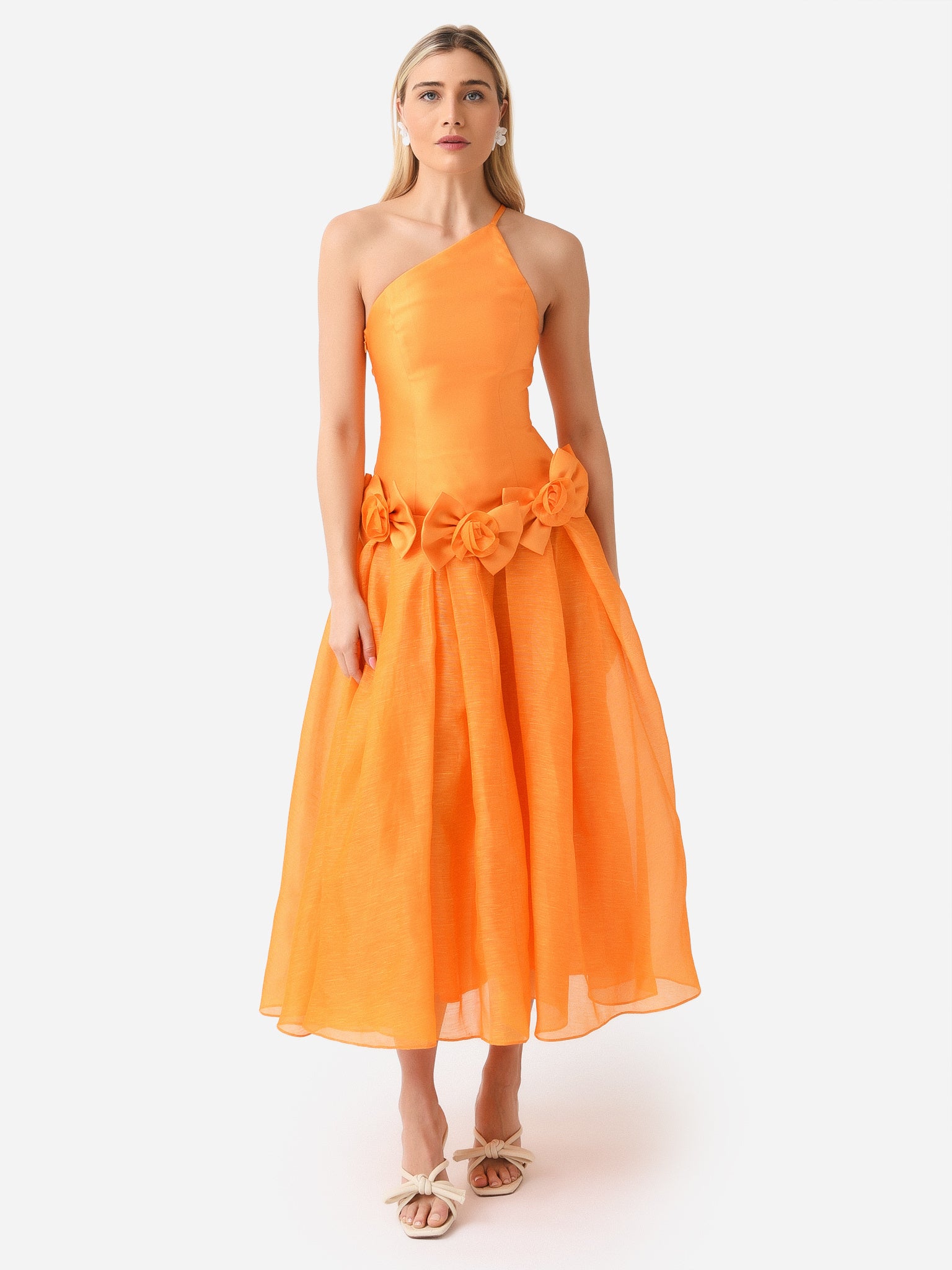 rosette one shoulder tea length dress Mac Duggal - Rosette One Shoulder Tea Length Dress