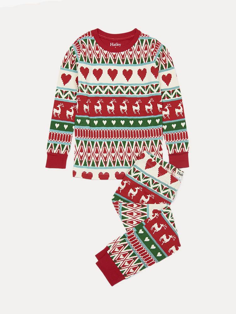 Hatley Girls' Mistletoe Deer Fair Isle Organic Cotton Pajama Set - Saint Bernard