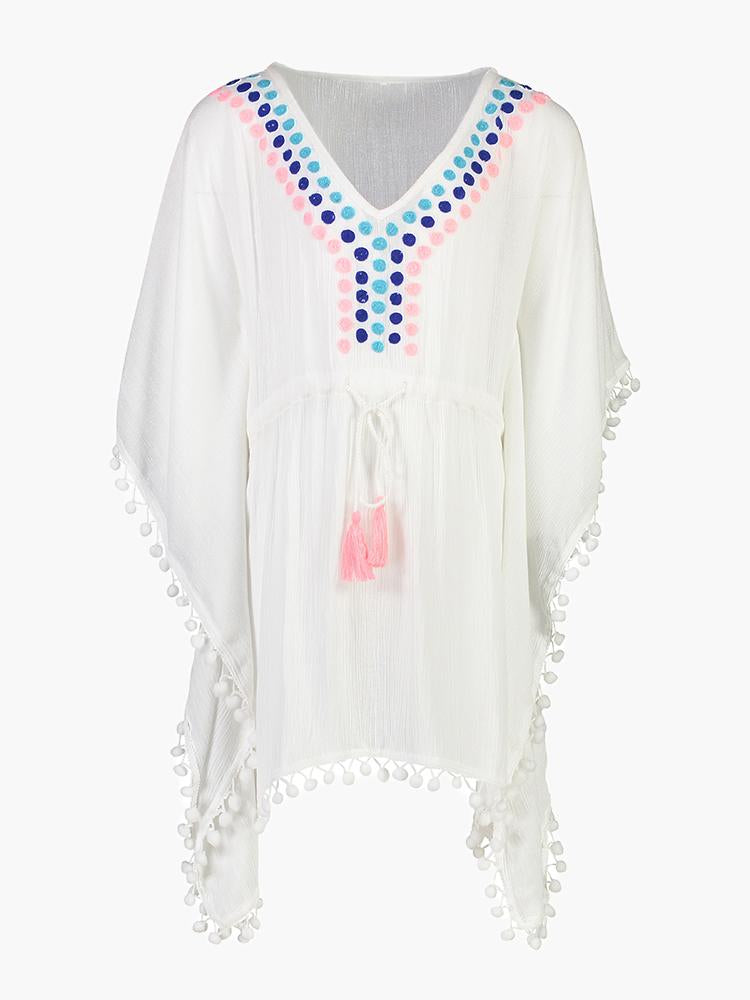 Snapper Rock Girls’ White Embroidered Spot Kaftan - Saint Bernard