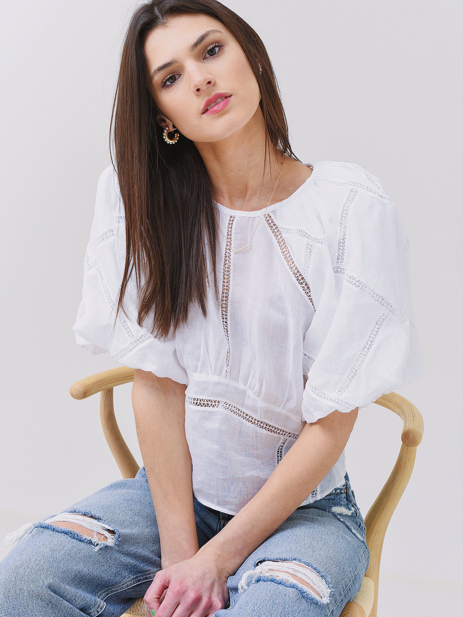 Frame Women's Inset Lace Gathered Seam Top