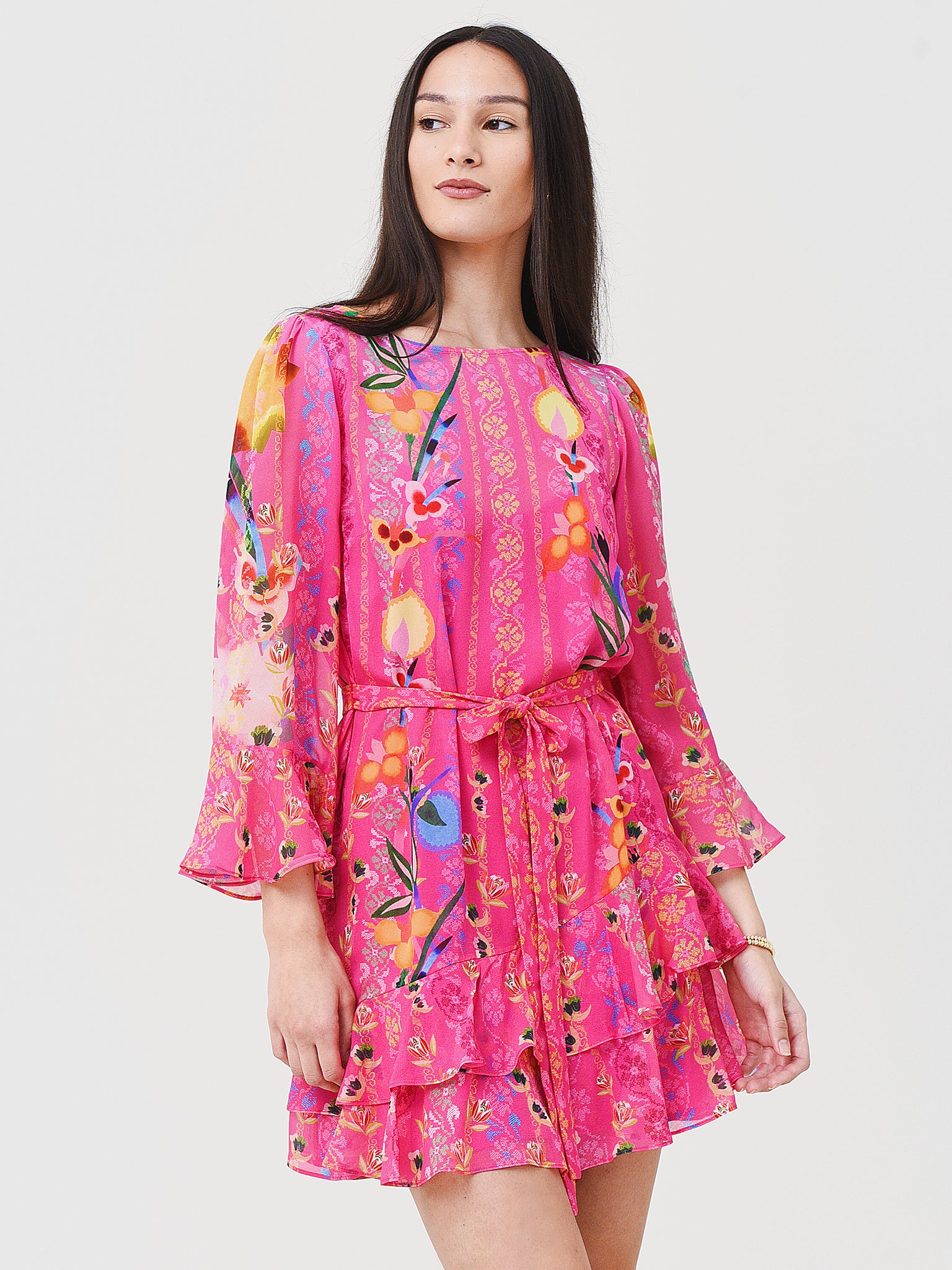 saloni dresses Lea Long Dress in Terrazzo Azure invisible side zipper Saloni Women's Marissa Belted Silk