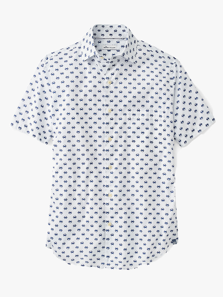 Peter Millar Seaside Men's Blue Crab Short-Sleeve Cotton-Blend Sport Shirt - Saint Bernard