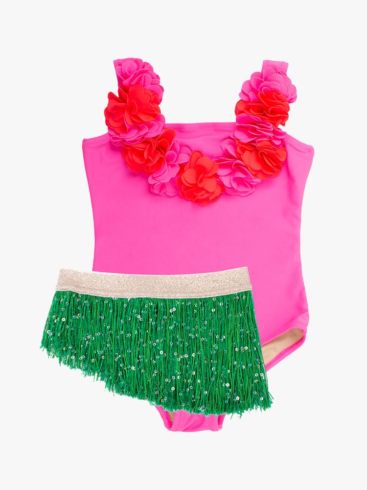 Shade Critters Little Girls’ Hula Girl One Piece Swimsuit With Fringe Tutu - Saint Bernard