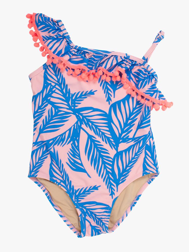 Shade Critters Little Girls’ One Shoulder Blue Palm Reader One Piece Swimsuit With Pom Pom Trim - Saint Bernard
