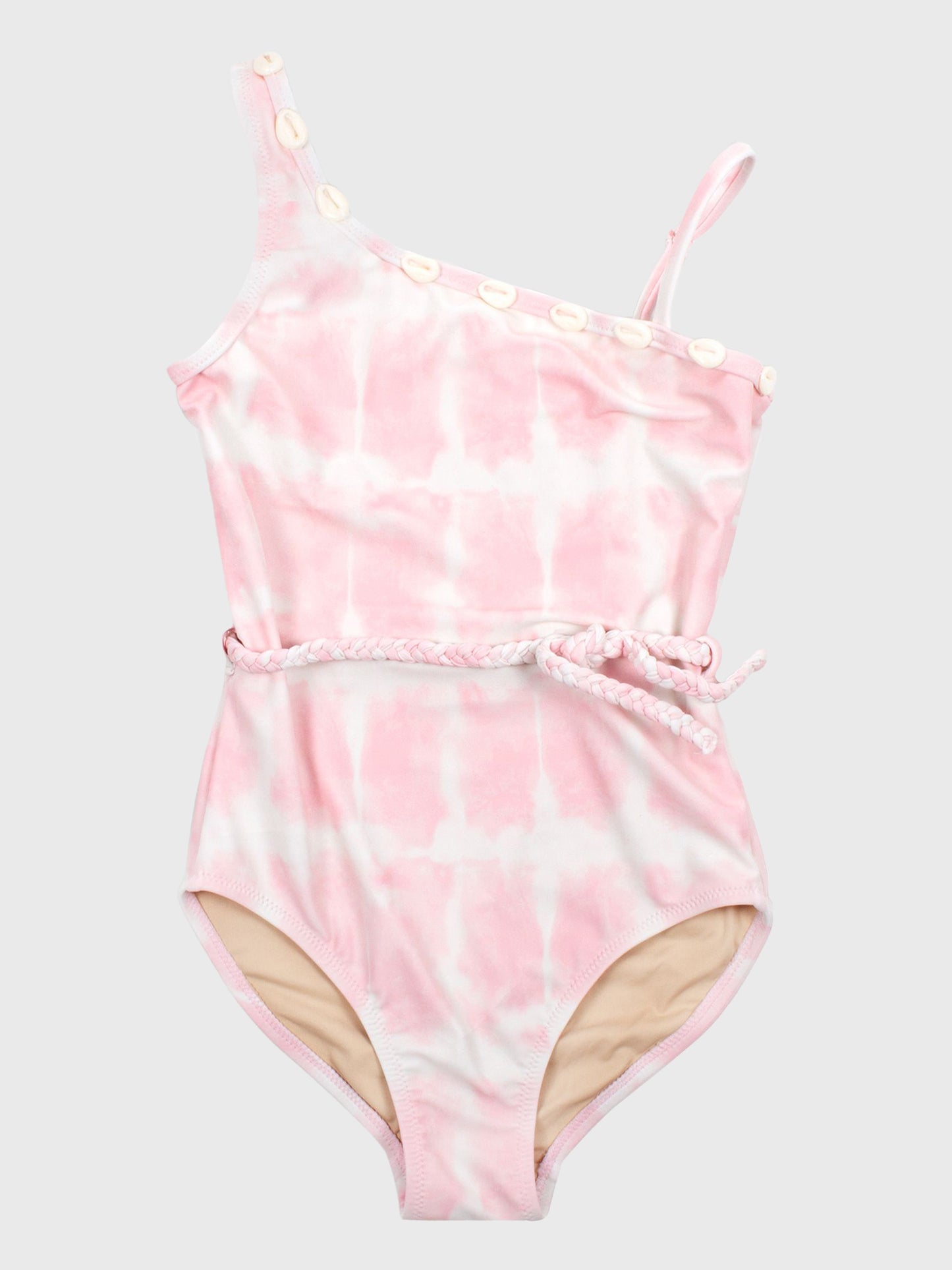 Shade Critters Girls' One-Shouldered Tie-Dye Shell Trim One-Piece Swimsuit - Saint Bernard