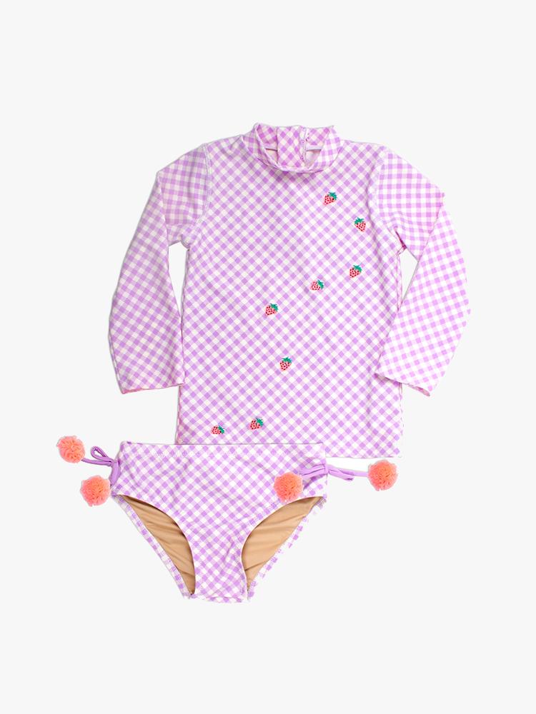 Shade Critters Little Girls’ Purple Gingham Two Piece Rashguard Set - Saint Bernard