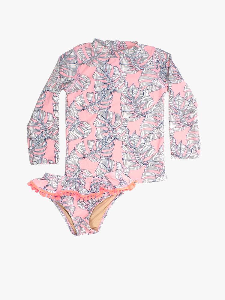 Shade Critters Little Girls’ Pink Monstera Two Piece Rashguard Set - Saint Bernard