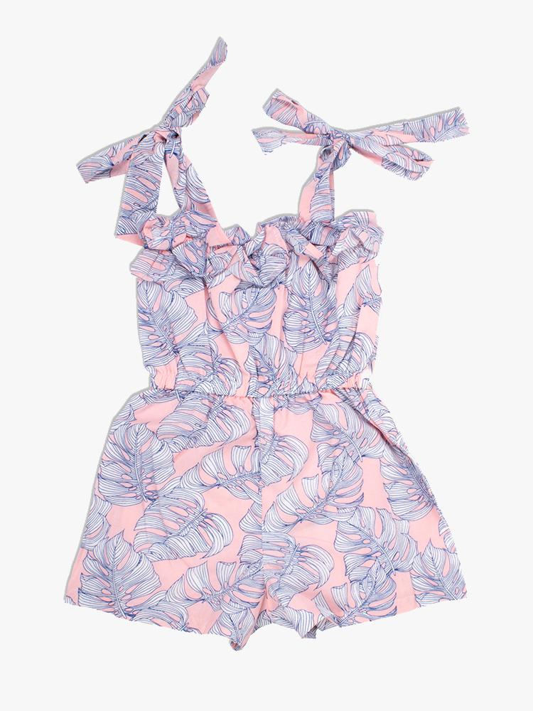 Shade Critter Ruffle Tank Romper Pink Monstera - Saint Bernard