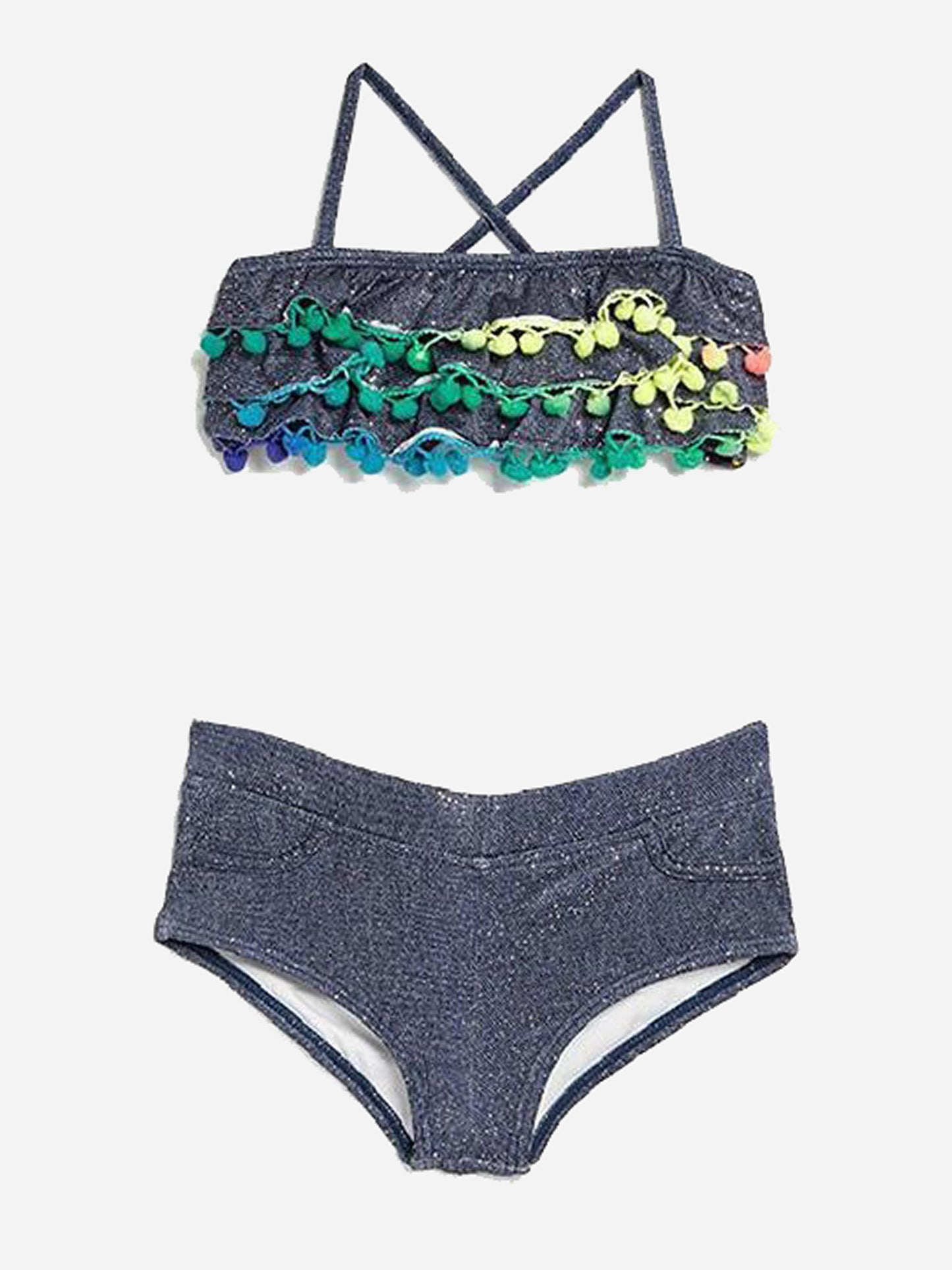 Pily Q Girls' Sparkle Denim Pom Pom Ruffle Swim Set - Saint Bernard