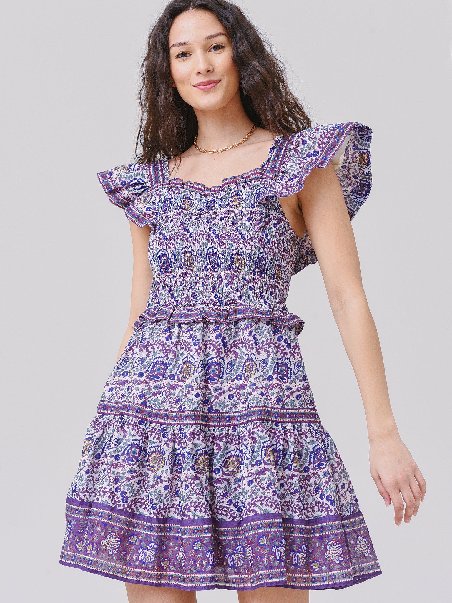 sea new york purple dress Sea New York Size 2 Purple Cotton Short Cap Sleeve Ruffle Neckline Darted Dress