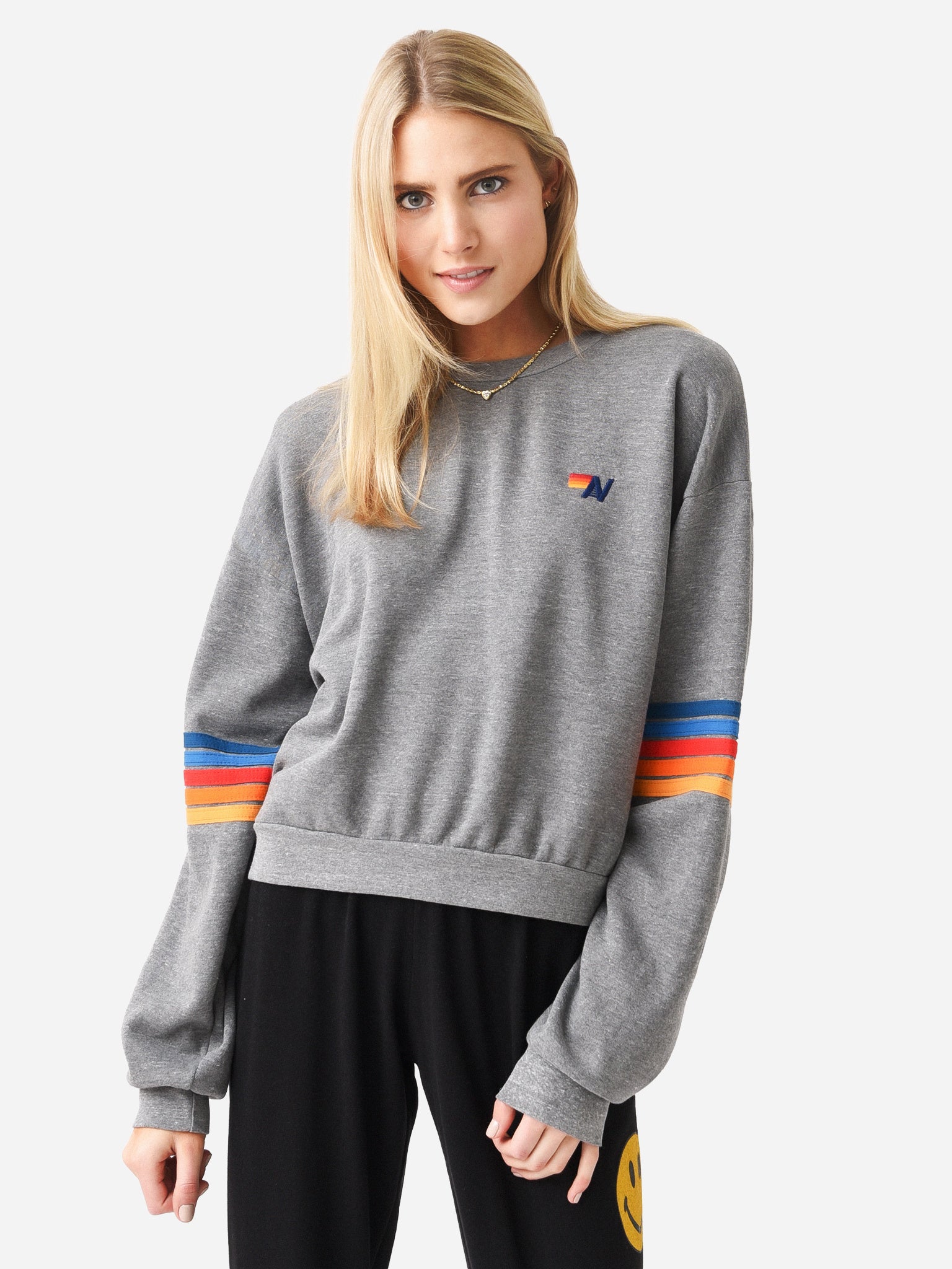 Aviator nation rainbow stitch sleeve crew sweatshirt Clearance