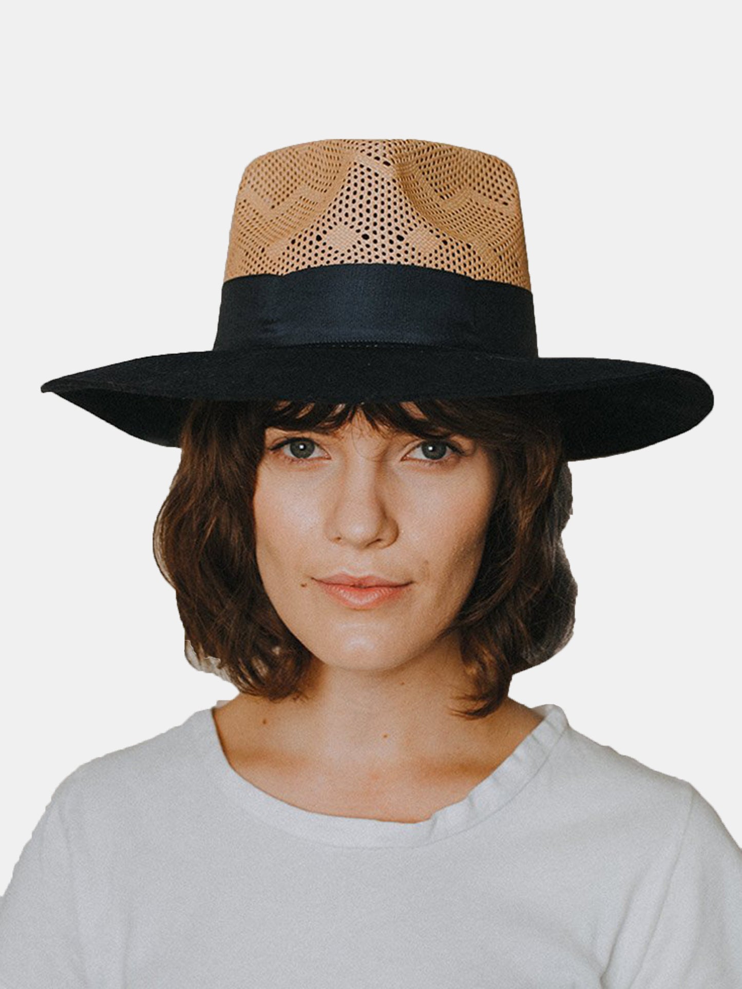 Freya Cedar Taupe Straw/Navy Wool Hybrid Fedora Hat - Saint Bernard