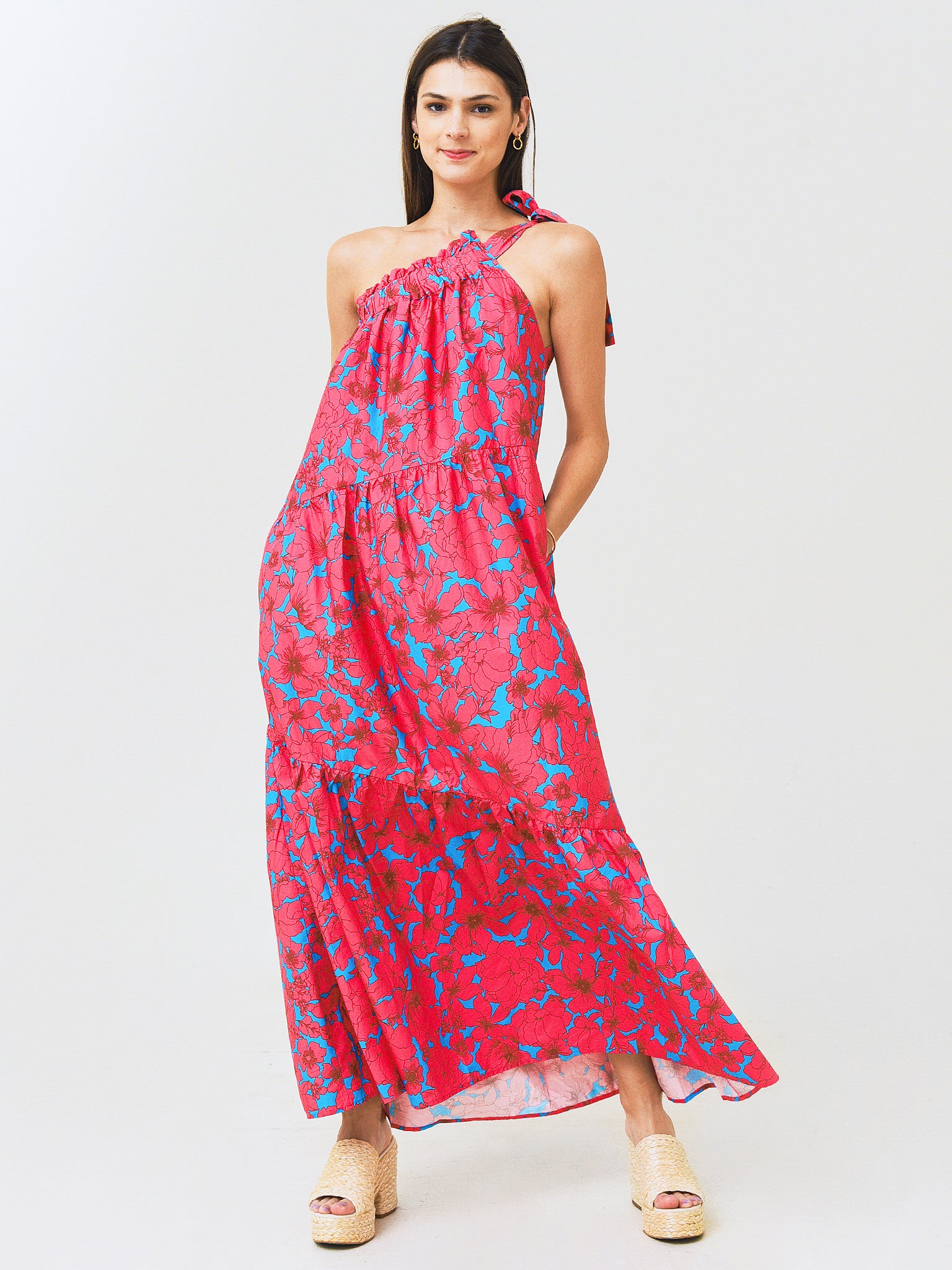 knee length dresses for ladies Maisie Maxi Dress in Pink Posy block print