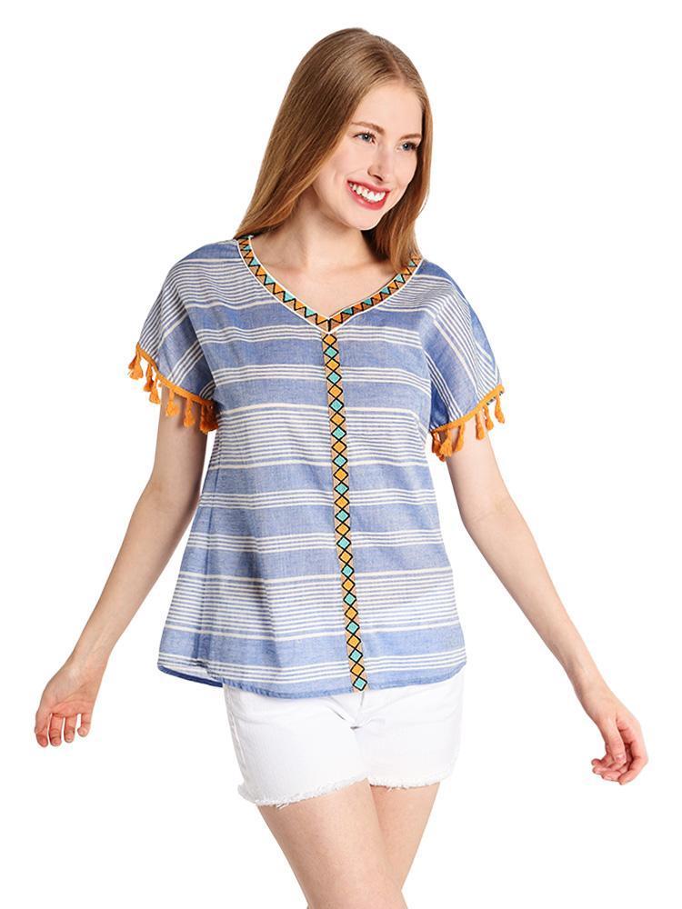 THML Stripe Top with Fringe Sleeve