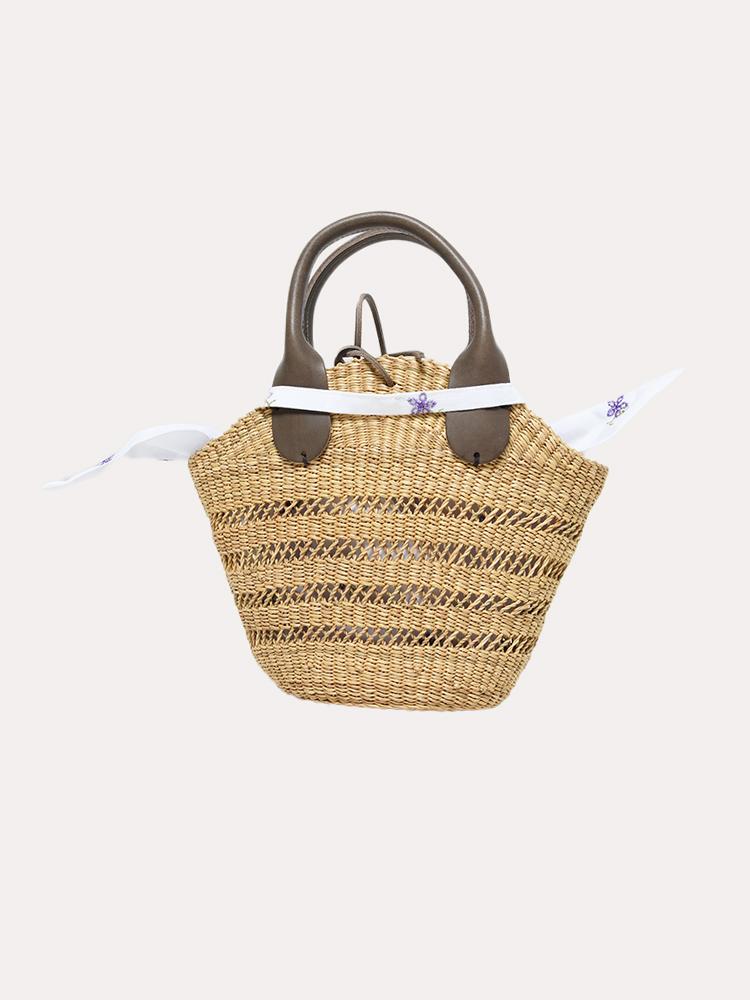 Muun Mini Tina Floral Leather Trimmed Straw Tote - Saint Bernard