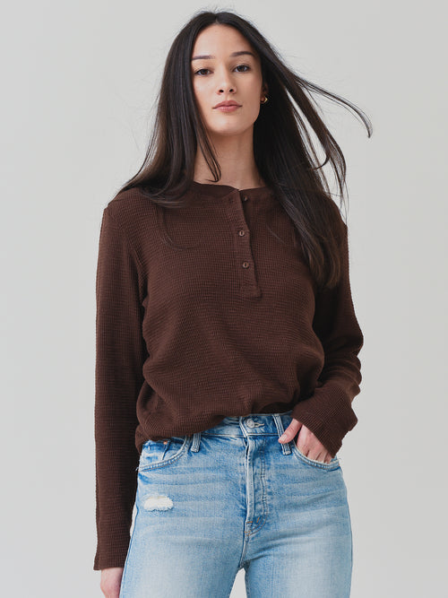 Re/Done Women's Henley Thermal Long Sleeve Tee