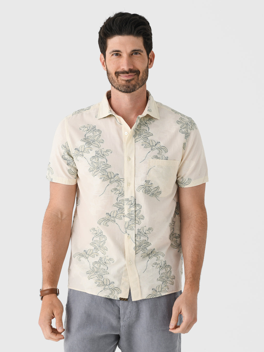 Billy Reid Men's Short Sleeve Watercolor Lily Jacquard Treme Shirt - Saint Bernard